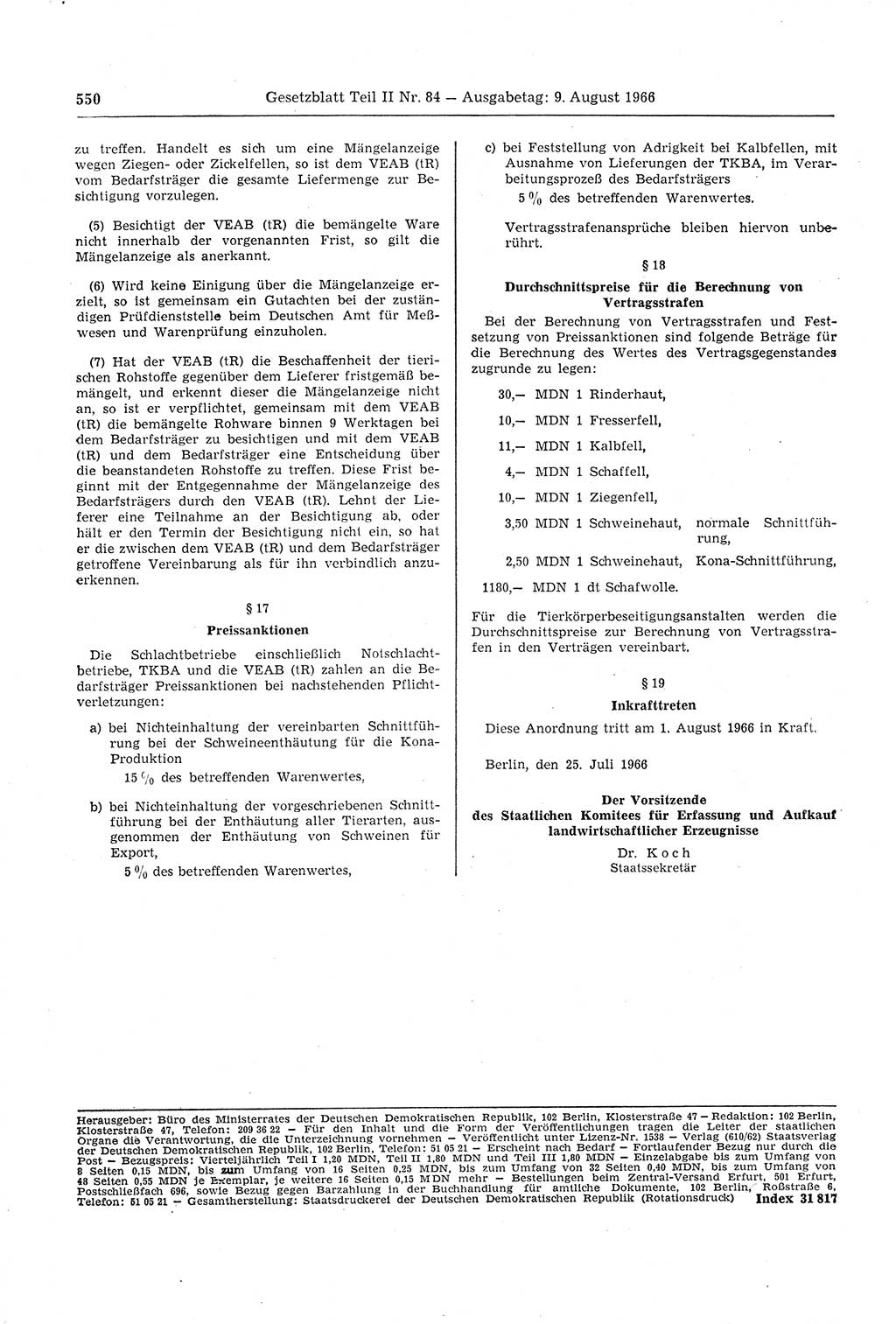 Gesetzblatt (GBl.) der Deutschen Demokratischen Republik (DDR) Teil ⅠⅠ 1966, Seite 550 (GBl. DDR ⅠⅠ 1966, S. 550)