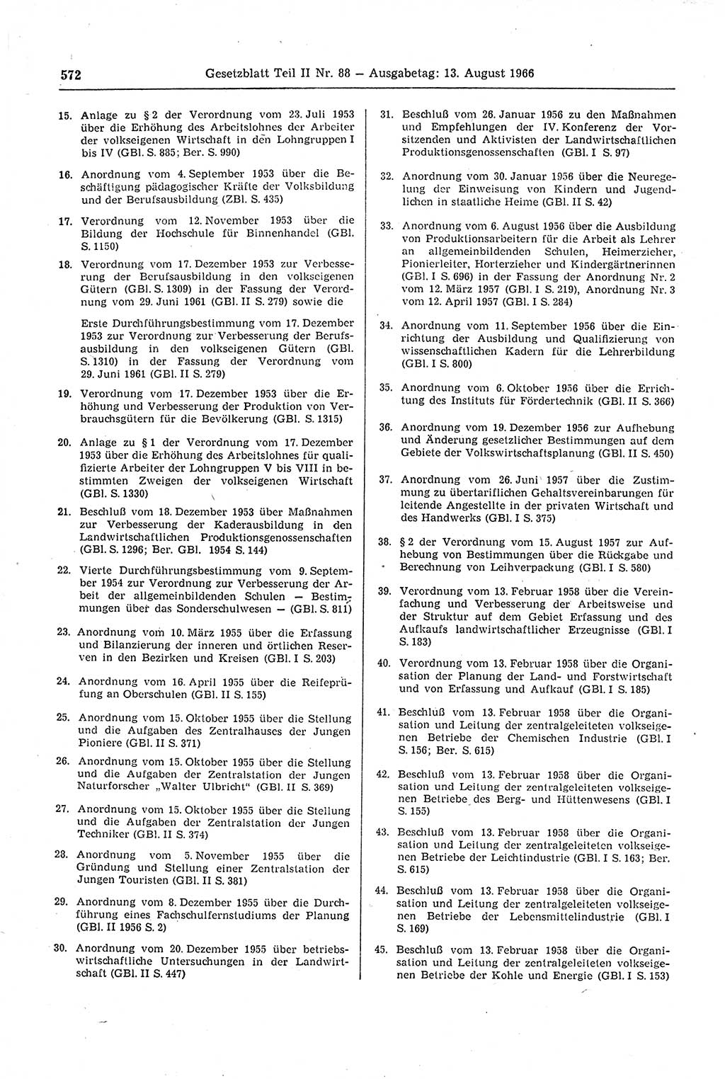 Gesetzblatt (GBl.) der Deutschen Demokratischen Republik (DDR) Teil ⅠⅠ 1966, Seite 572 (GBl. DDR ⅠⅠ 1966, S. 572)