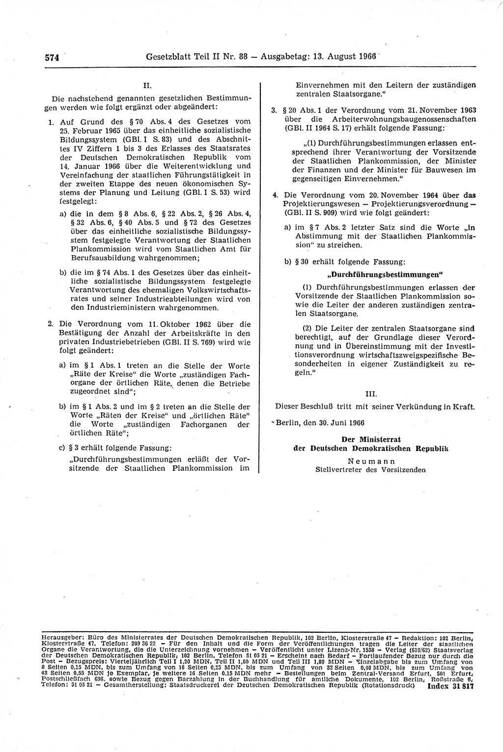 Gesetzblatt (GBl.) der Deutschen Demokratischen Republik (DDR) Teil ⅠⅠ 1966, Seite 574 (GBl. DDR ⅠⅠ 1966, S. 574)