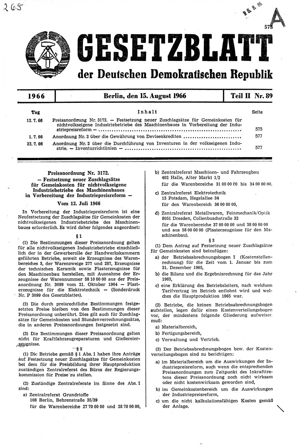 Gesetzblatt (GBl.) der Deutschen Demokratischen Republik (DDR) Teil ⅠⅠ 1966, Seite 575 (GBl. DDR ⅠⅠ 1966, S. 575)