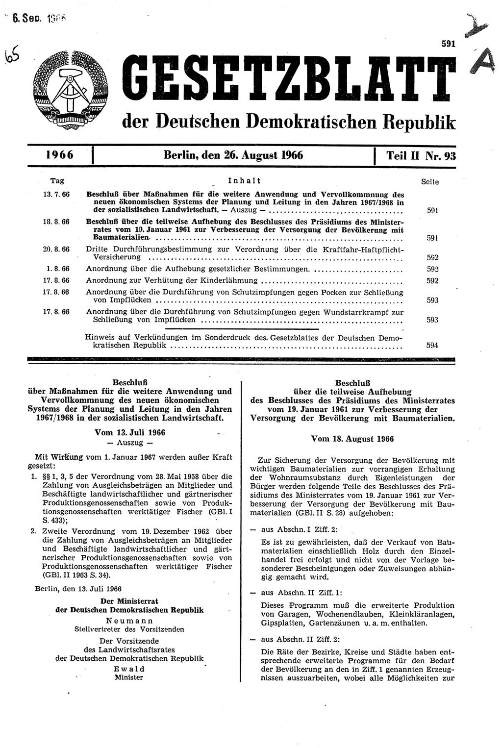 Gesetzblatt (GBl.) der Deutschen Demokratischen Republik (DDR) Teil ⅠⅠ 1966, Seite 591 (GBl. DDR ⅠⅠ 1966, S. 591)