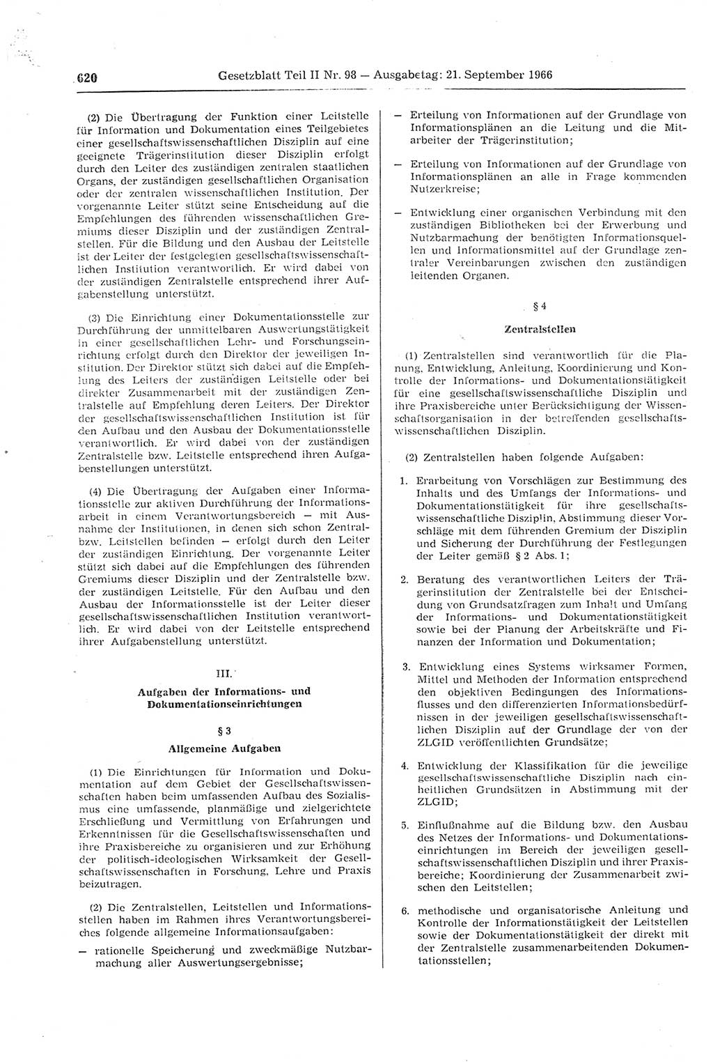 Gesetzblatt (GBl.) der Deutschen Demokratischen Republik (DDR) Teil ⅠⅠ 1966, Seite 620 (GBl. DDR ⅠⅠ 1966, S. 620)
