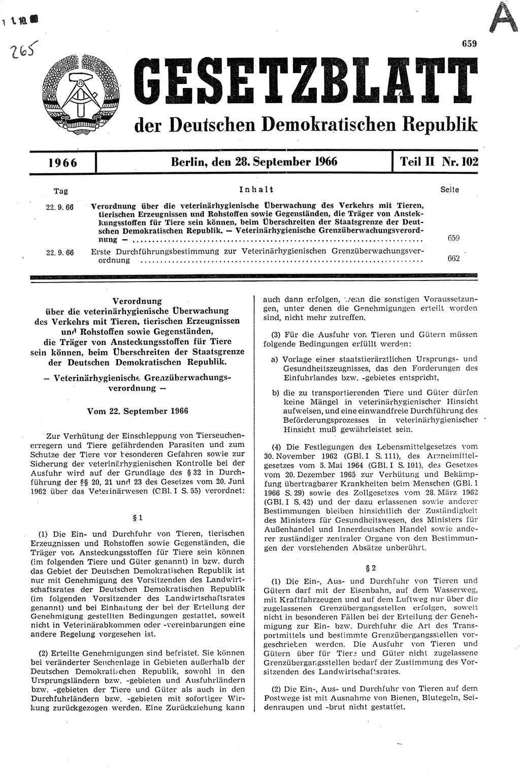 Gesetzblatt (GBl.) der Deutschen Demokratischen Republik (DDR) Teil ⅠⅠ 1966, Seite 659 (GBl. DDR ⅠⅠ 1966, S. 659)