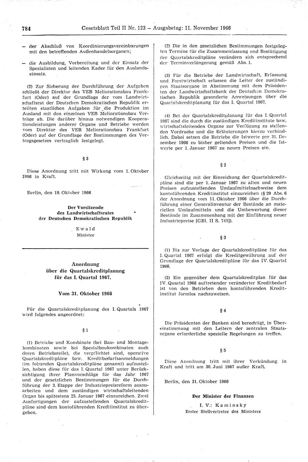 Gesetzblatt (GBl.) der Deutschen Demokratischen Republik (DDR) Teil ⅠⅠ 1966, Seite 784 (GBl. DDR ⅠⅠ 1966, S. 784)