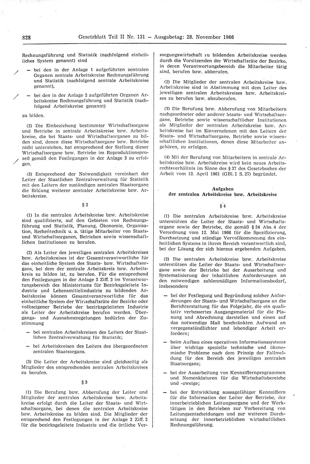 Gesetzblatt (GBl.) der Deutschen Demokratischen Republik (DDR) Teil ⅠⅠ 1966, Seite 828 (GBl. DDR ⅠⅠ 1966, S. 828)