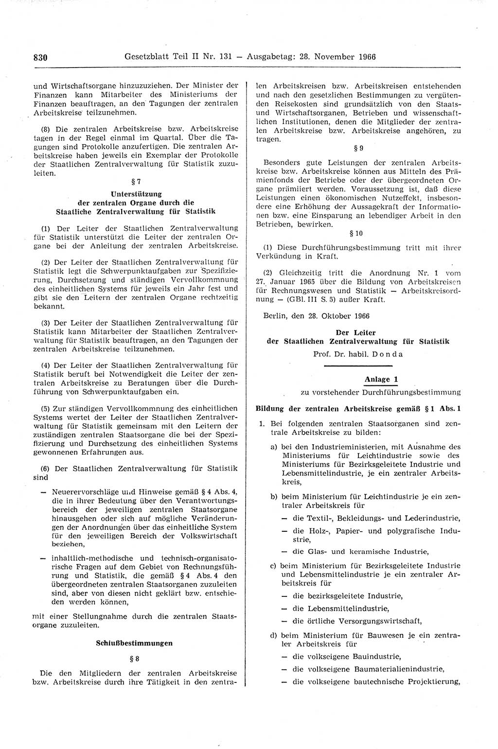 Gesetzblatt (GBl.) der Deutschen Demokratischen Republik (DDR) Teil ⅠⅠ 1966, Seite 830 (GBl. DDR ⅠⅠ 1966, S. 830)