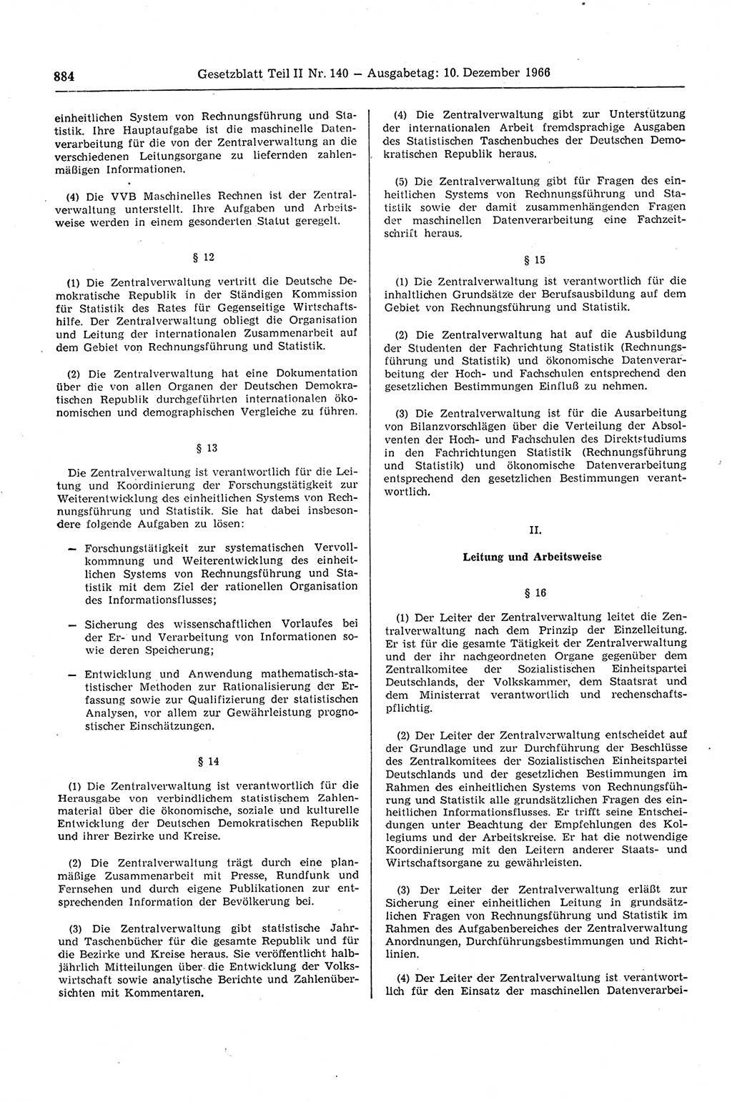 Gesetzblatt (GBl.) der Deutschen Demokratischen Republik (DDR) Teil ⅠⅠ 1966, Seite 884 (GBl. DDR ⅠⅠ 1966, S. 884)