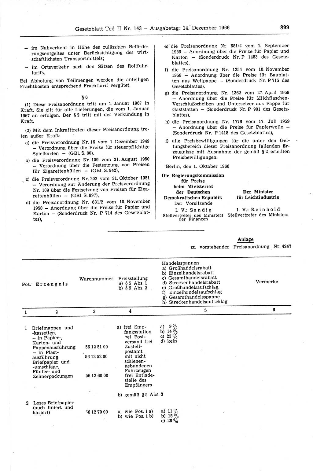 Gesetzblatt (GBl.) der Deutschen Demokratischen Republik (DDR) Teil ⅠⅠ 1966, Seite 899 (GBl. DDR ⅠⅠ 1966, S. 899)