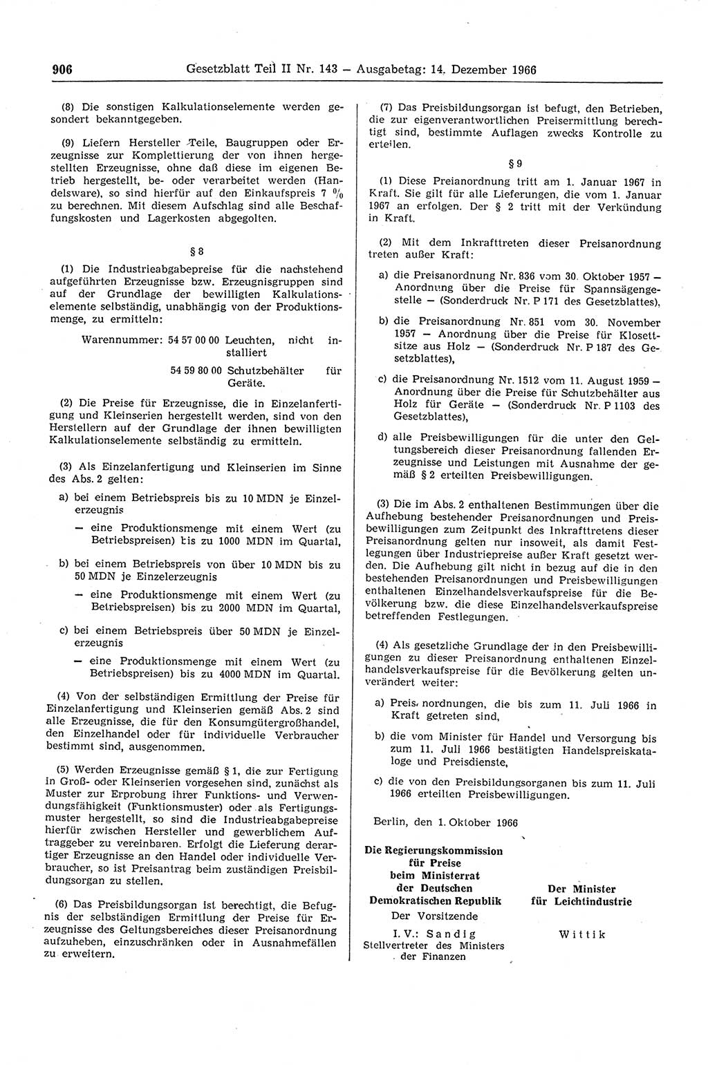 Gesetzblatt (GBl.) der Deutschen Demokratischen Republik (DDR) Teil ⅠⅠ 1966, Seite 906 (GBl. DDR ⅠⅠ 1966, S. 906)