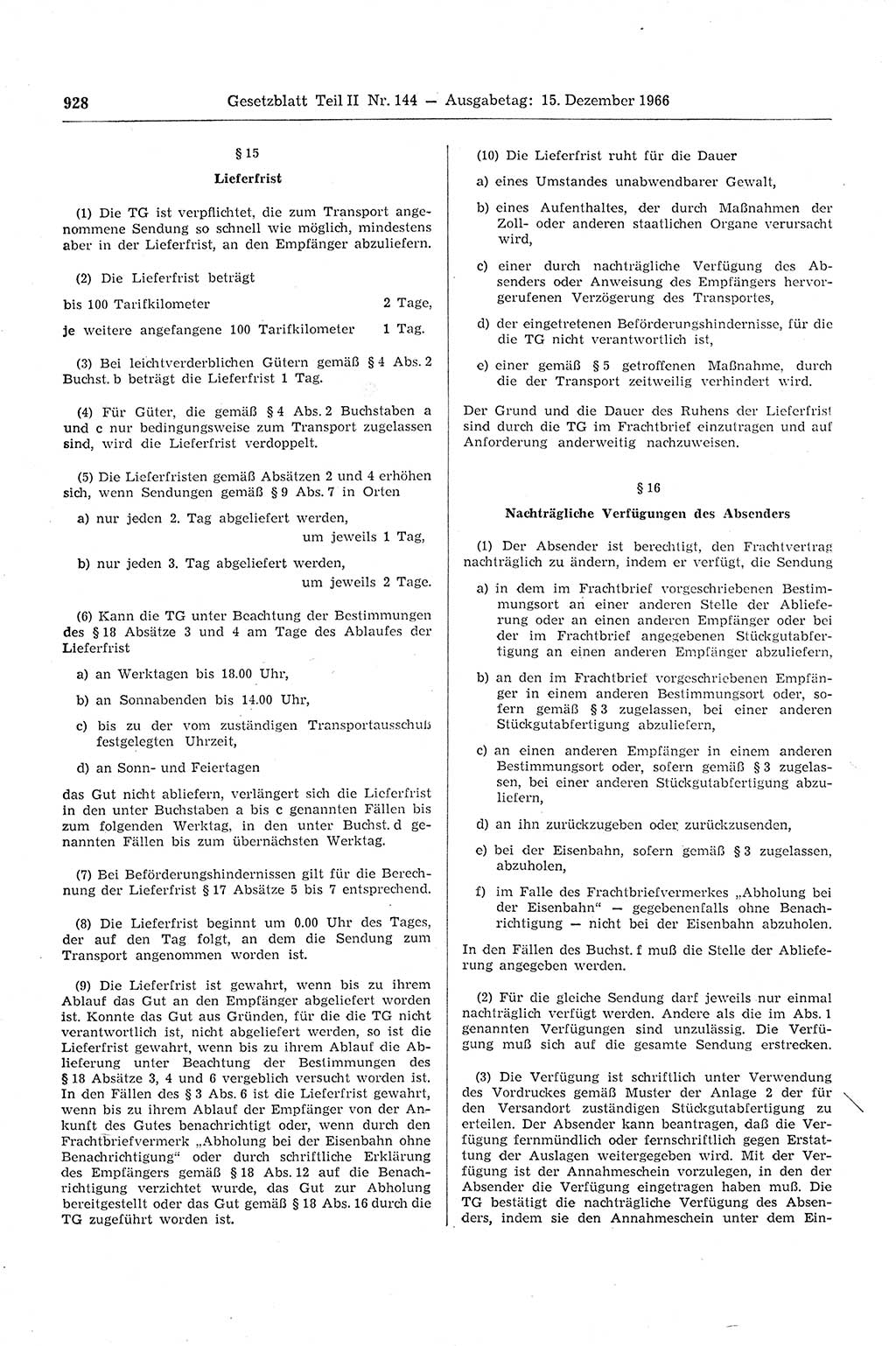 Gesetzblatt (GBl.) der Deutschen Demokratischen Republik (DDR) Teil ⅠⅠ 1966, Seite 928 (GBl. DDR ⅠⅠ 1966, S. 928)