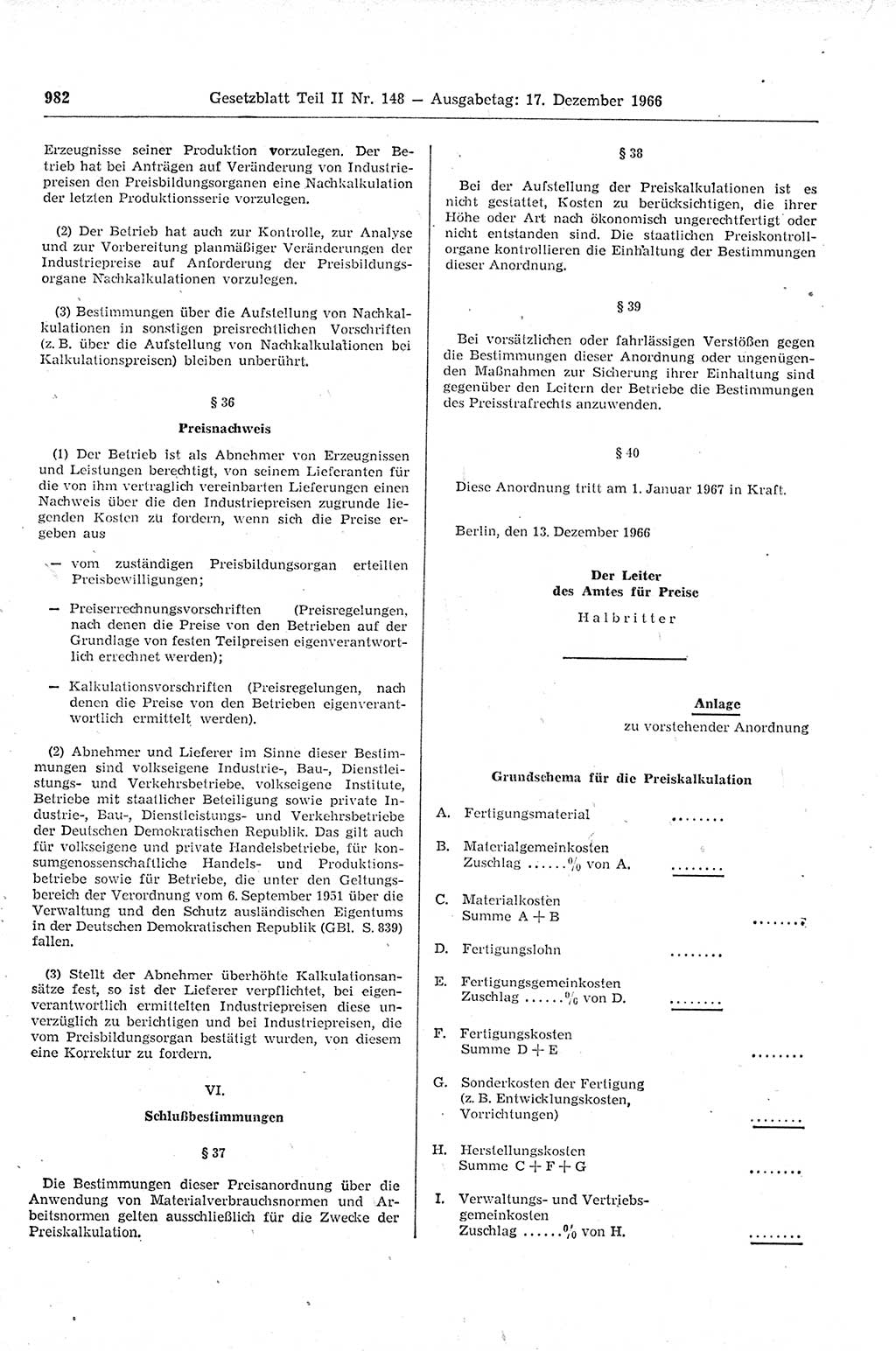 Gesetzblatt (GBl.) der Deutschen Demokratischen Republik (DDR) Teil ⅠⅠ 1966, Seite 982 (GBl. DDR ⅠⅠ 1966, S. 982)