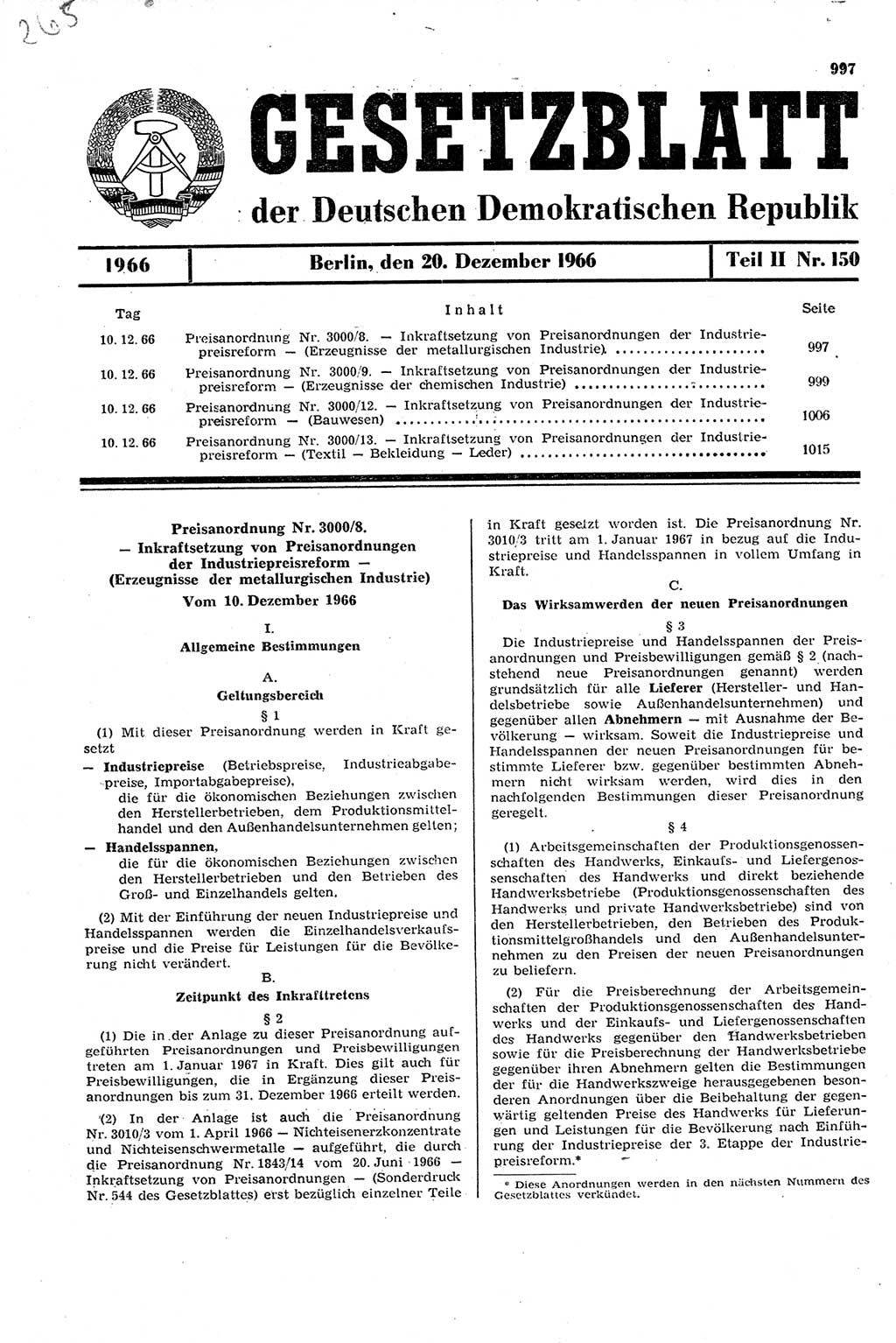 Gesetzblatt (GBl.) der Deutschen Demokratischen Republik (DDR) Teil ⅠⅠ 1966, Seite 997 (GBl. DDR ⅠⅠ 1966, S. 997)