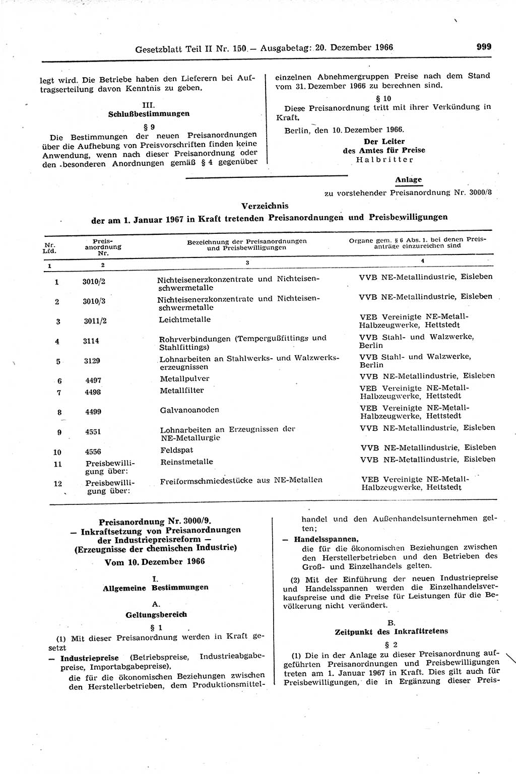 Gesetzblatt (GBl.) der Deutschen Demokratischen Republik (DDR) Teil ⅠⅠ 1966, Seite 999 (GBl. DDR ⅠⅠ 1966, S. 999)