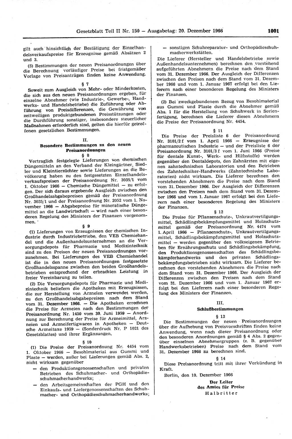 Gesetzblatt (GBl.) der Deutschen Demokratischen Republik (DDR) Teil ⅠⅠ 1966, Seite 1001 (GBl. DDR ⅠⅠ 1966, S. 1001)