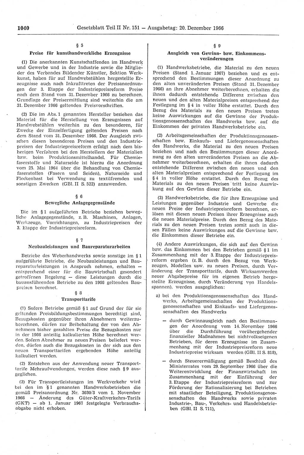 Gesetzblatt (GBl.) der Deutschen Demokratischen Republik (DDR) Teil ⅠⅠ 1966, Seite 1040 (GBl. DDR ⅠⅠ 1966, S. 1040)
