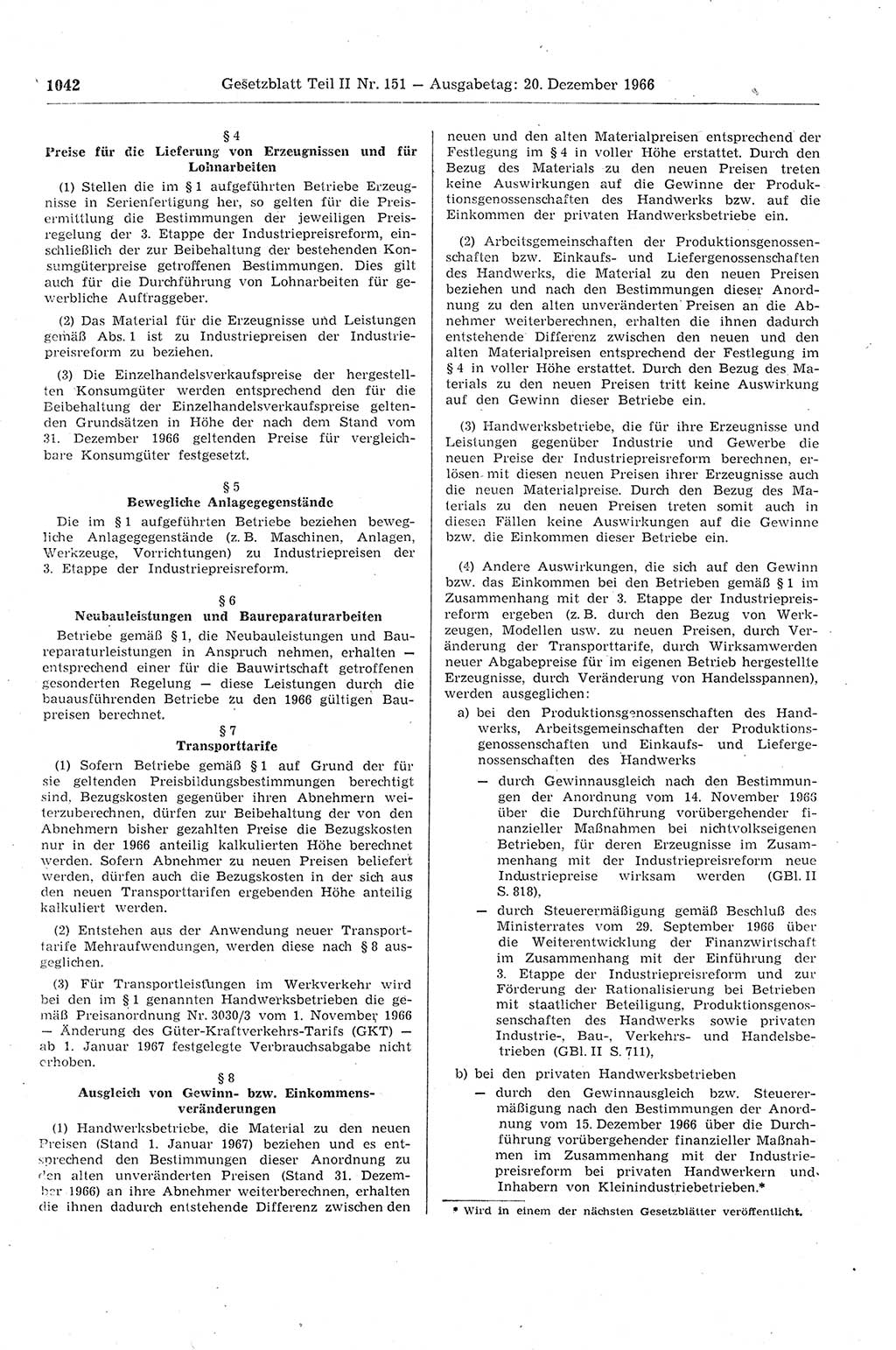 Gesetzblatt (GBl.) der Deutschen Demokratischen Republik (DDR) Teil ⅠⅠ 1966, Seite 1042 (GBl. DDR ⅠⅠ 1966, S. 1042)