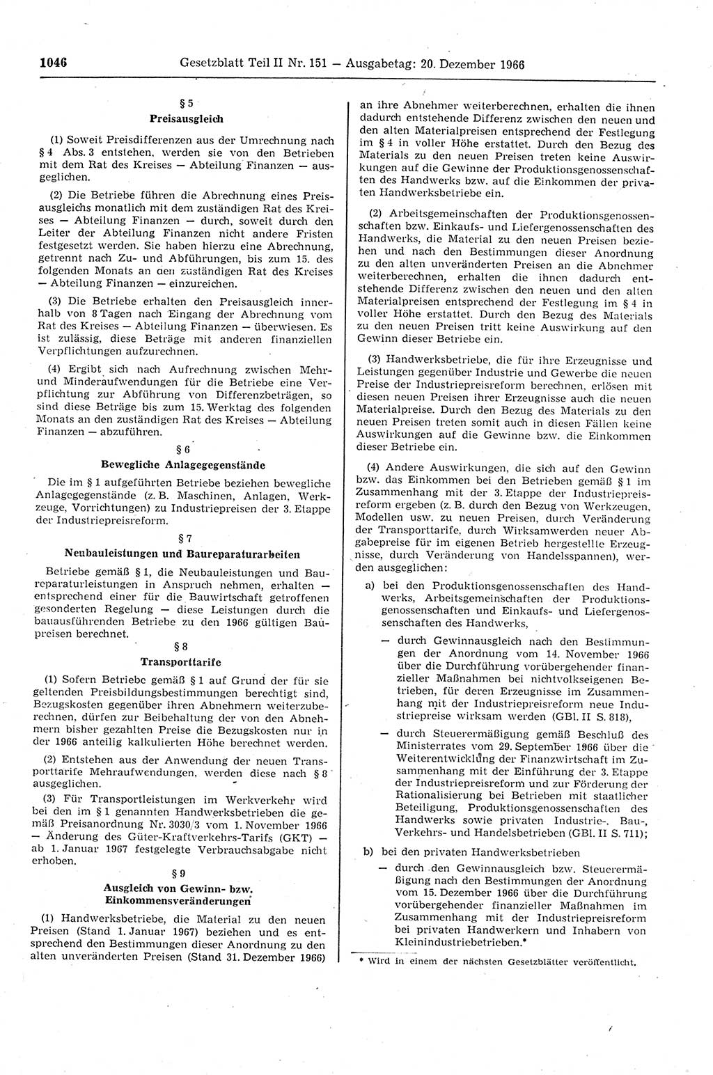 Gesetzblatt (GBl.) der Deutschen Demokratischen Republik (DDR) Teil ⅠⅠ 1966, Seite 1046 (GBl. DDR ⅠⅠ 1966, S. 1046)