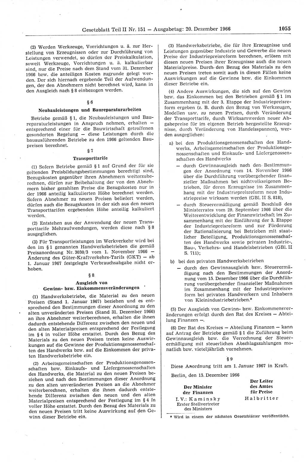 Gesetzblatt (GBl.) der Deutschen Demokratischen Republik (DDR) Teil ⅠⅠ 1966, Seite 1055 (GBl. DDR ⅠⅠ 1966, S. 1055)