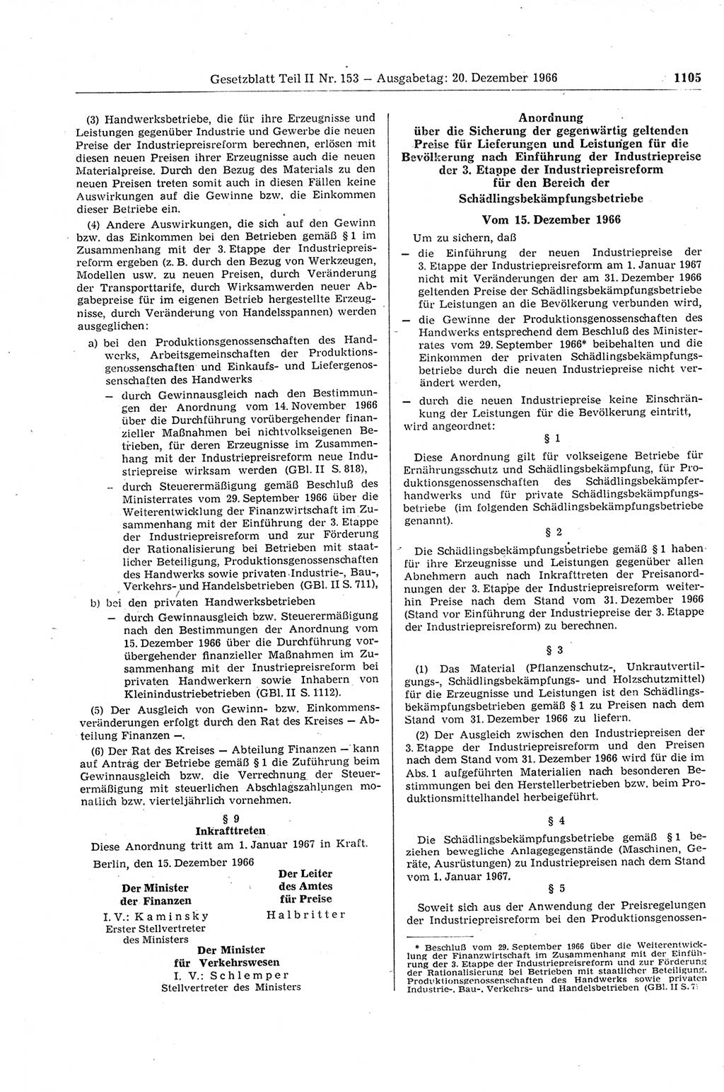 Gesetzblatt (GBl.) der Deutschen Demokratischen Republik (DDR) Teil ⅠⅠ 1966, Seite 1105 (GBl. DDR ⅠⅠ 1966, S. 1105)