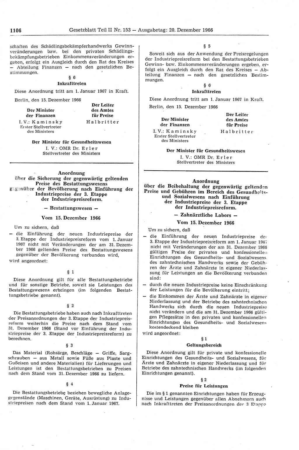 Gesetzblatt (GBl.) der Deutschen Demokratischen Republik (DDR) Teil ⅠⅠ 1966, Seite 1106 (GBl. DDR ⅠⅠ 1966, S. 1106)