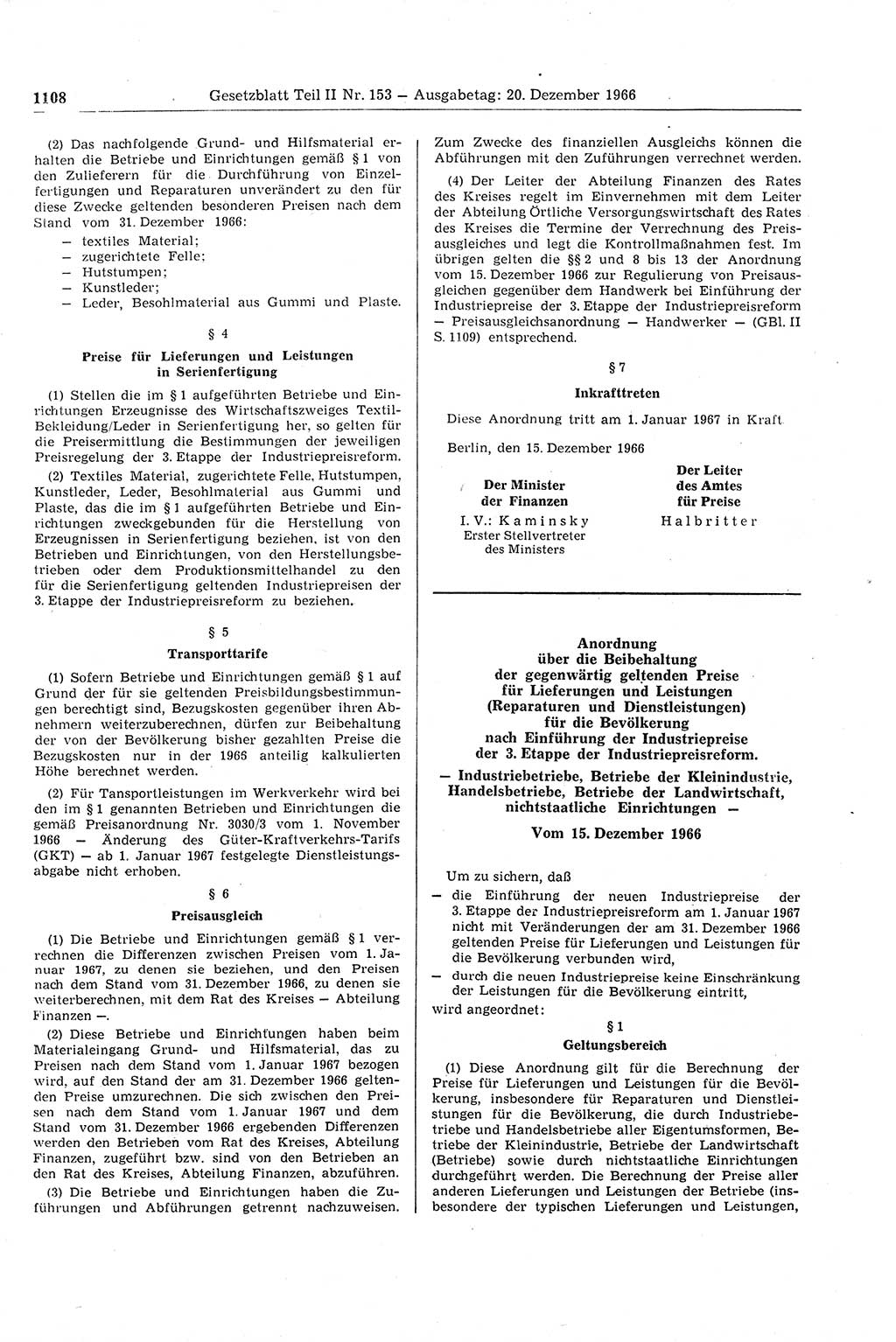 Gesetzblatt (GBl.) der Deutschen Demokratischen Republik (DDR) Teil ⅠⅠ 1966, Seite 1108 (GBl. DDR ⅠⅠ 1966, S. 1108)