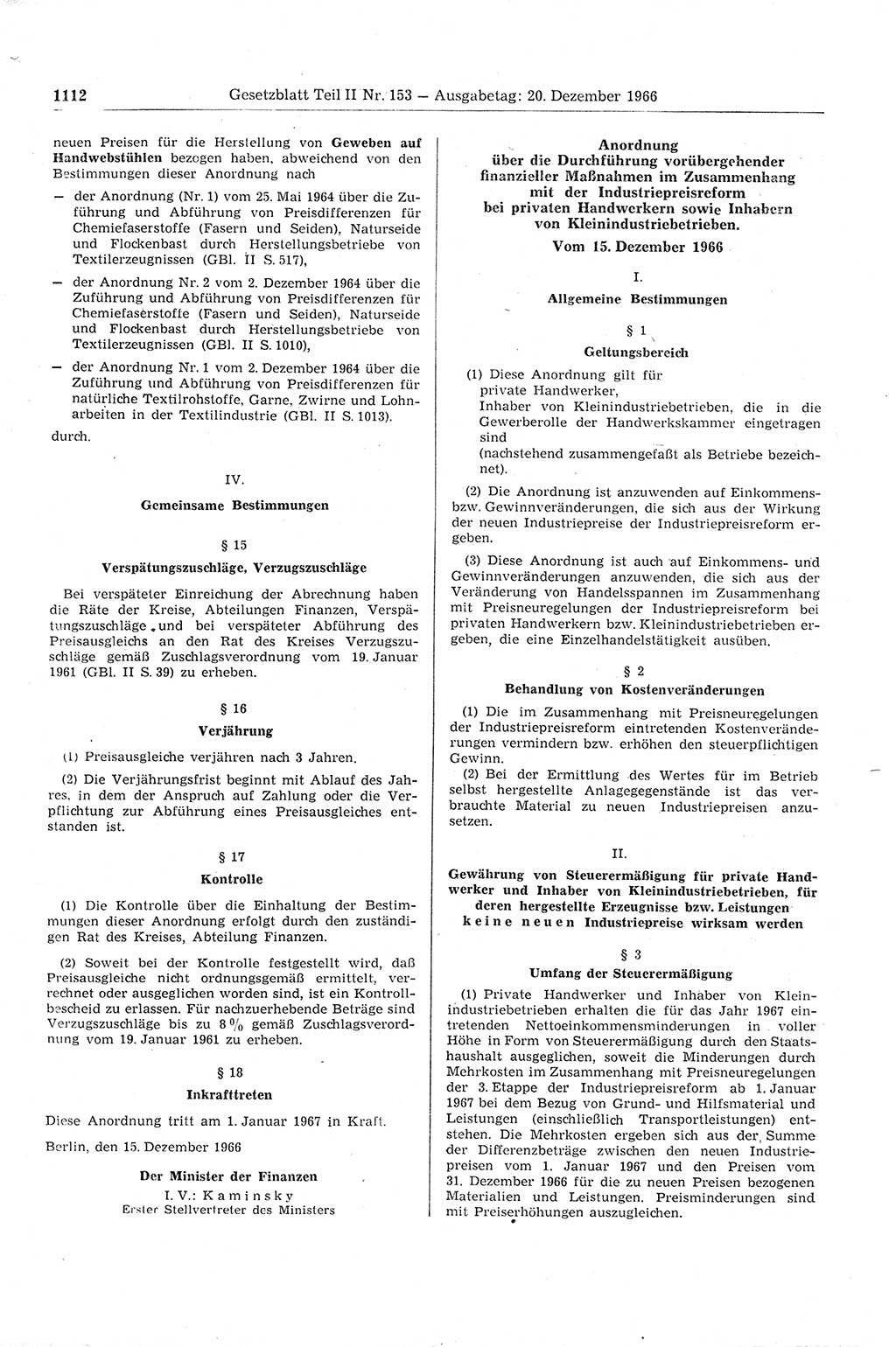 Gesetzblatt (GBl.) der Deutschen Demokratischen Republik (DDR) Teil ⅠⅠ 1966, Seite 1112 (GBl. DDR ⅠⅠ 1966, S. 1112)