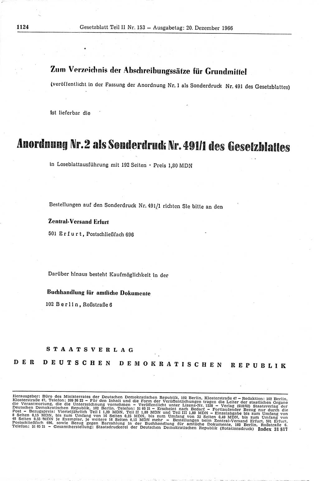 Gesetzblatt (GBl.) der Deutschen Demokratischen Republik (DDR) Teil ⅠⅠ 1966, Seite 1124 (GBl. DDR ⅠⅠ 1966, S. 1124)