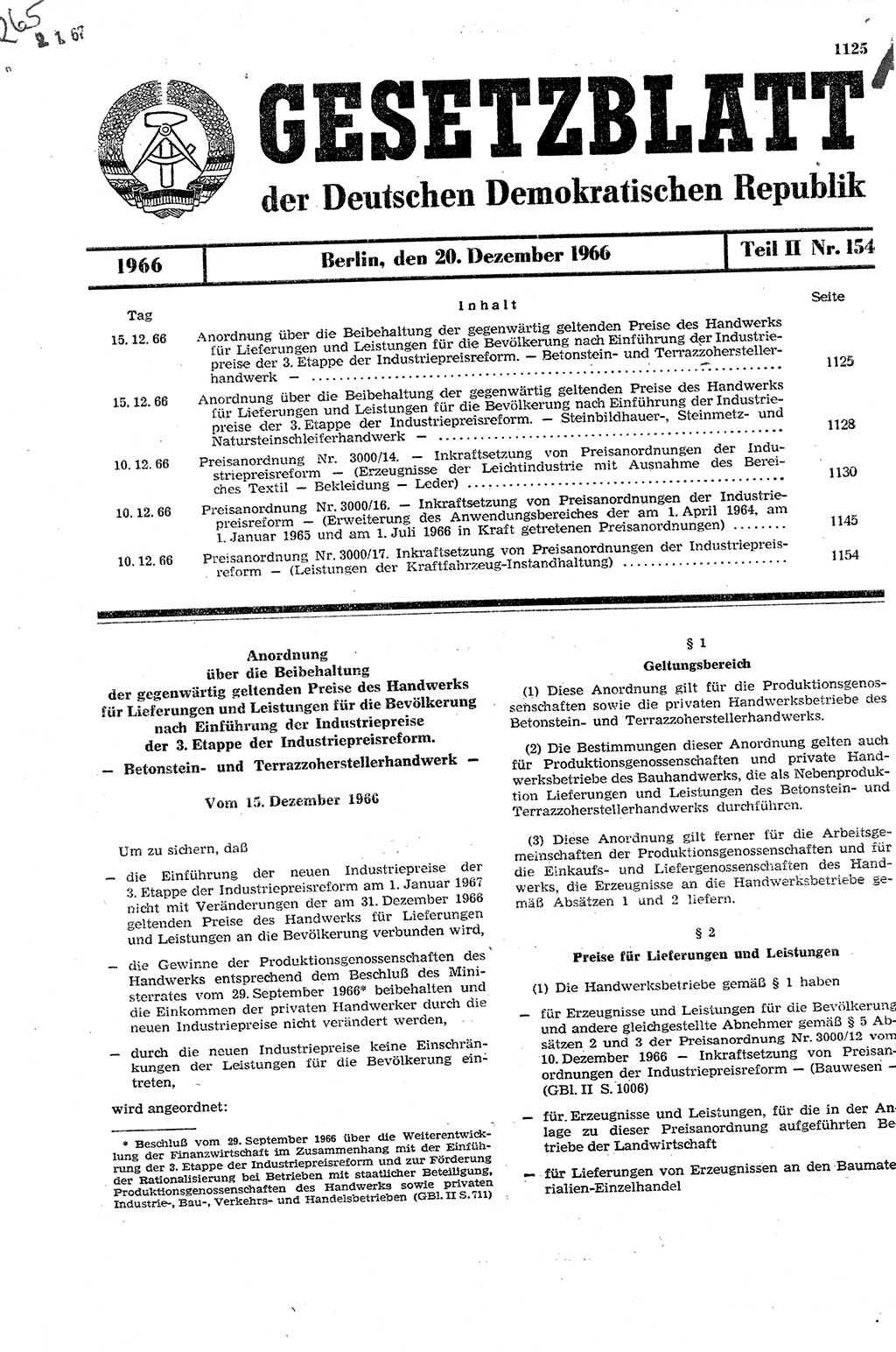 Gesetzblatt (GBl.) der Deutschen Demokratischen Republik (DDR) Teil ⅠⅠ 1966, Seite 1125 (GBl. DDR ⅠⅠ 1966, S. 1125)
