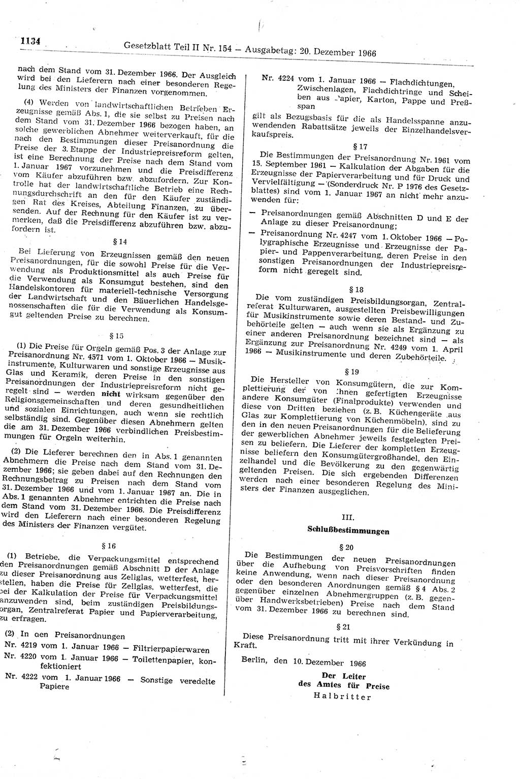 Gesetzblatt (GBl.) der Deutschen Demokratischen Republik (DDR) Teil ⅠⅠ 1966, Seite 1134 (GBl. DDR ⅠⅠ 1966, S. 1134)