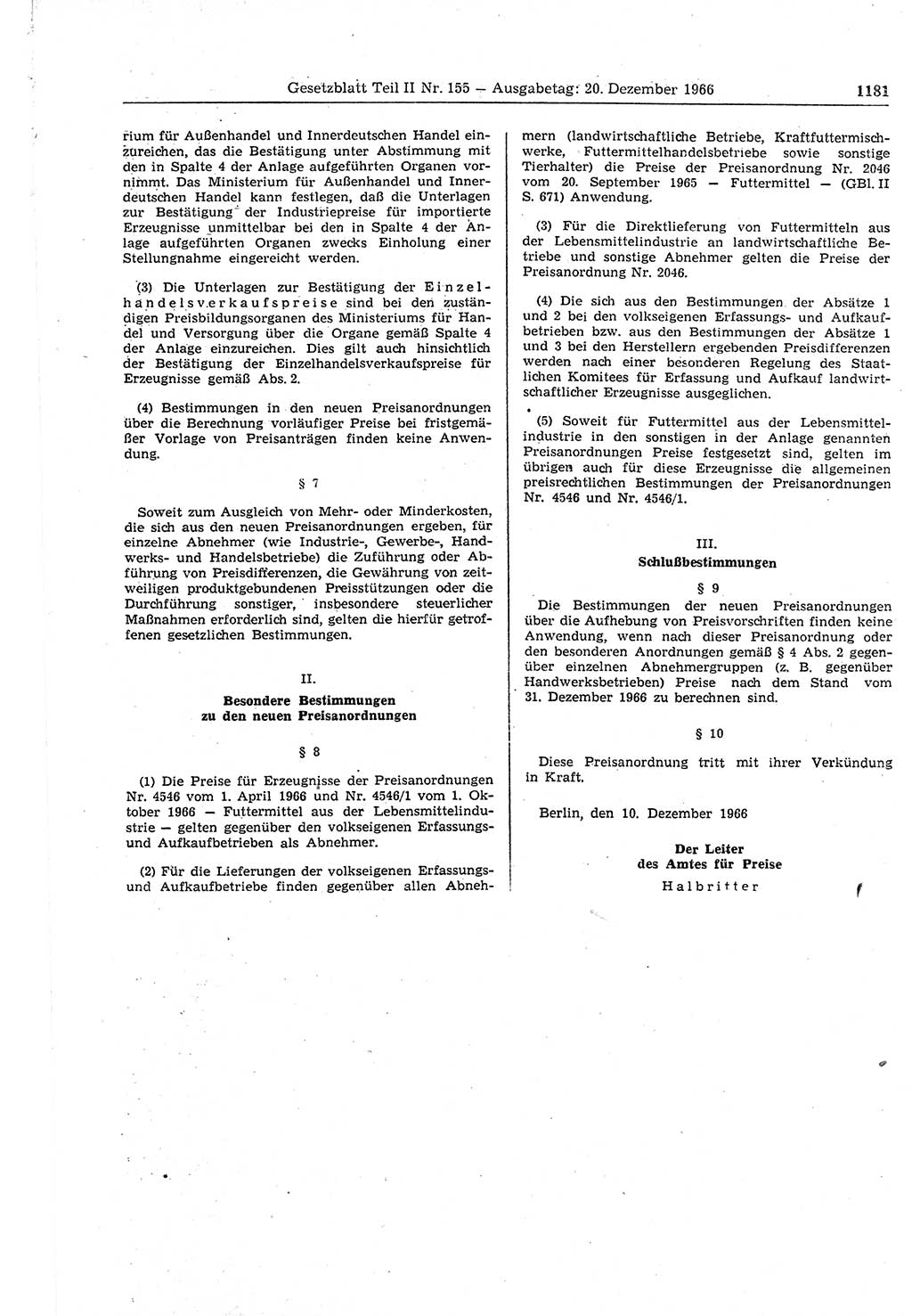 Gesetzblatt (GBl.) der Deutschen Demokratischen Republik (DDR) Teil ⅠⅠ 1966, Seite 1181 (GBl. DDR ⅠⅠ 1966, S. 1181)
