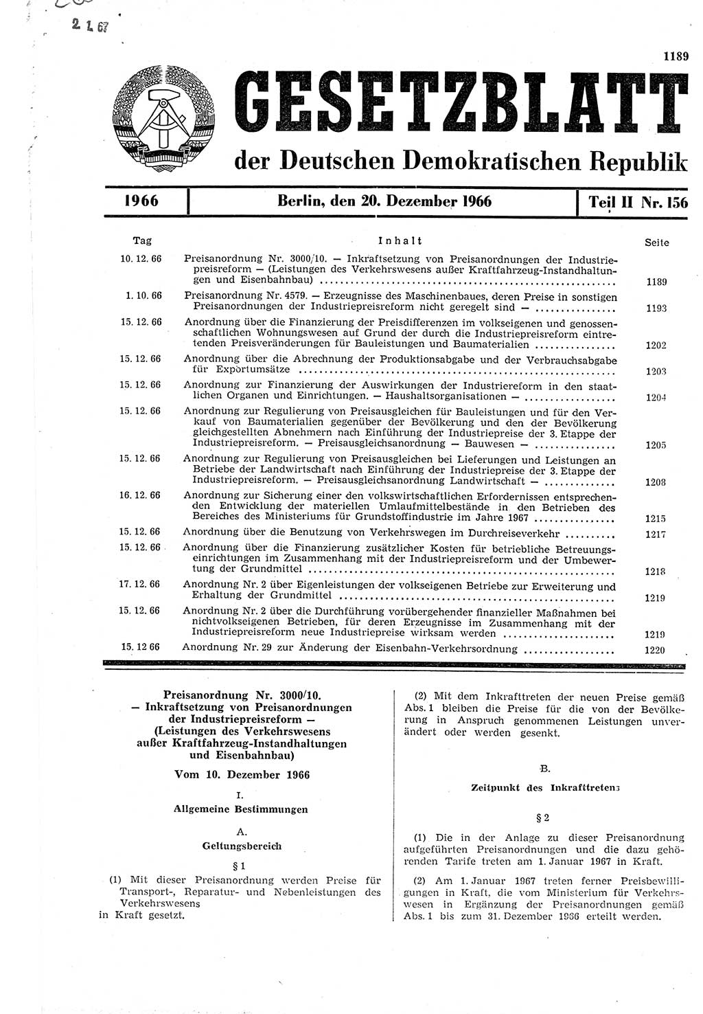 Gesetzblatt (GBl.) der Deutschen Demokratischen Republik (DDR) Teil ⅠⅠ 1966, Seite 1189 (GBl. DDR ⅠⅠ 1966, S. 1189)