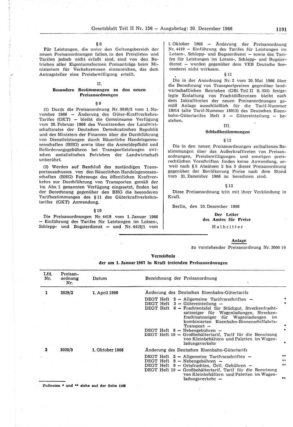 Gesetzblatt (GBl.) der Deutschen Demokratischen Republik (DDR) Teil ⅠⅠ 1966, Seite 1191 (GBl. DDR ⅠⅠ 1966, S. 1191)