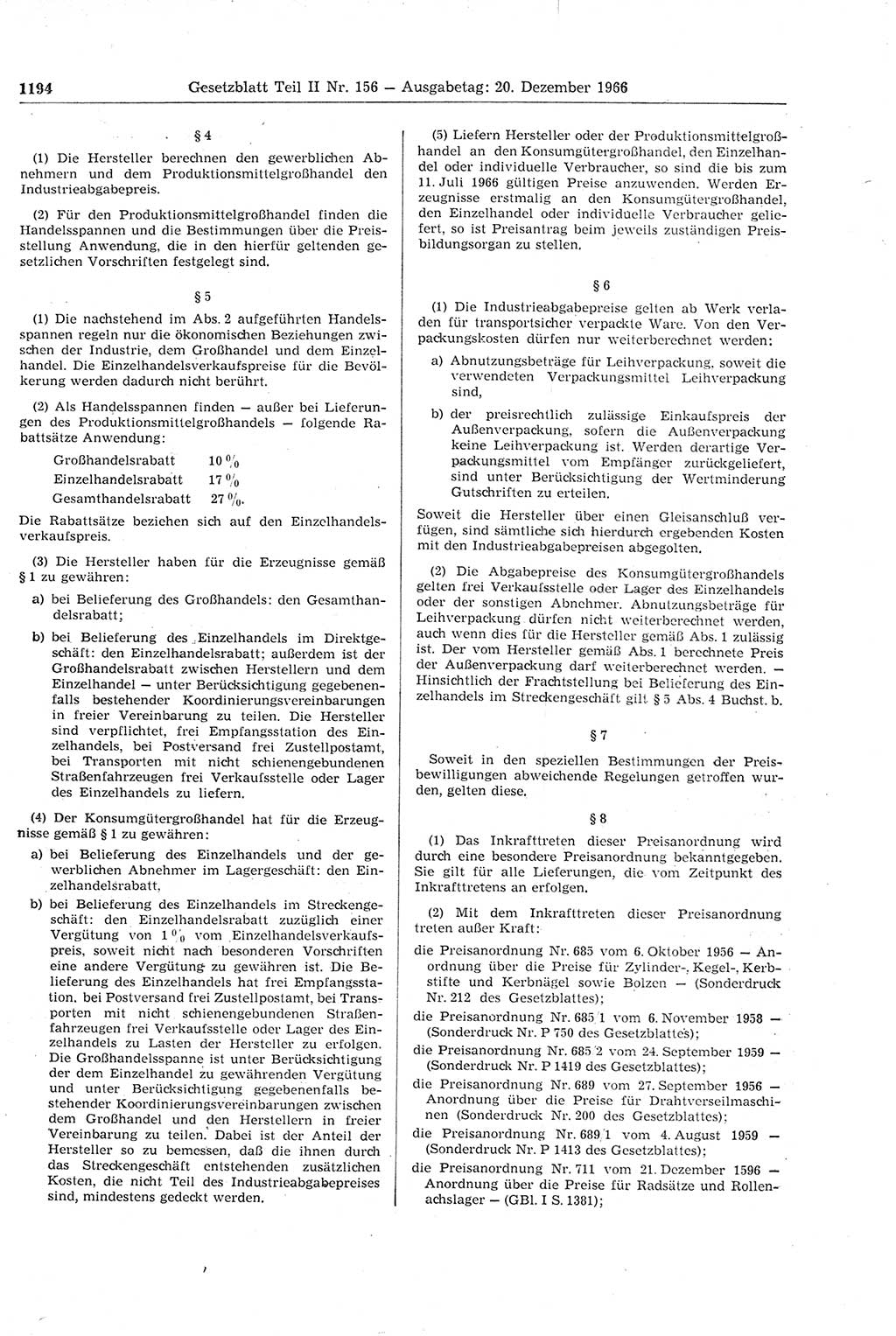 Gesetzblatt (GBl.) der Deutschen Demokratischen Republik (DDR) Teil ⅠⅠ 1966, Seite 1193 (GBl. DDR ⅠⅠ 1966, S. 1193)