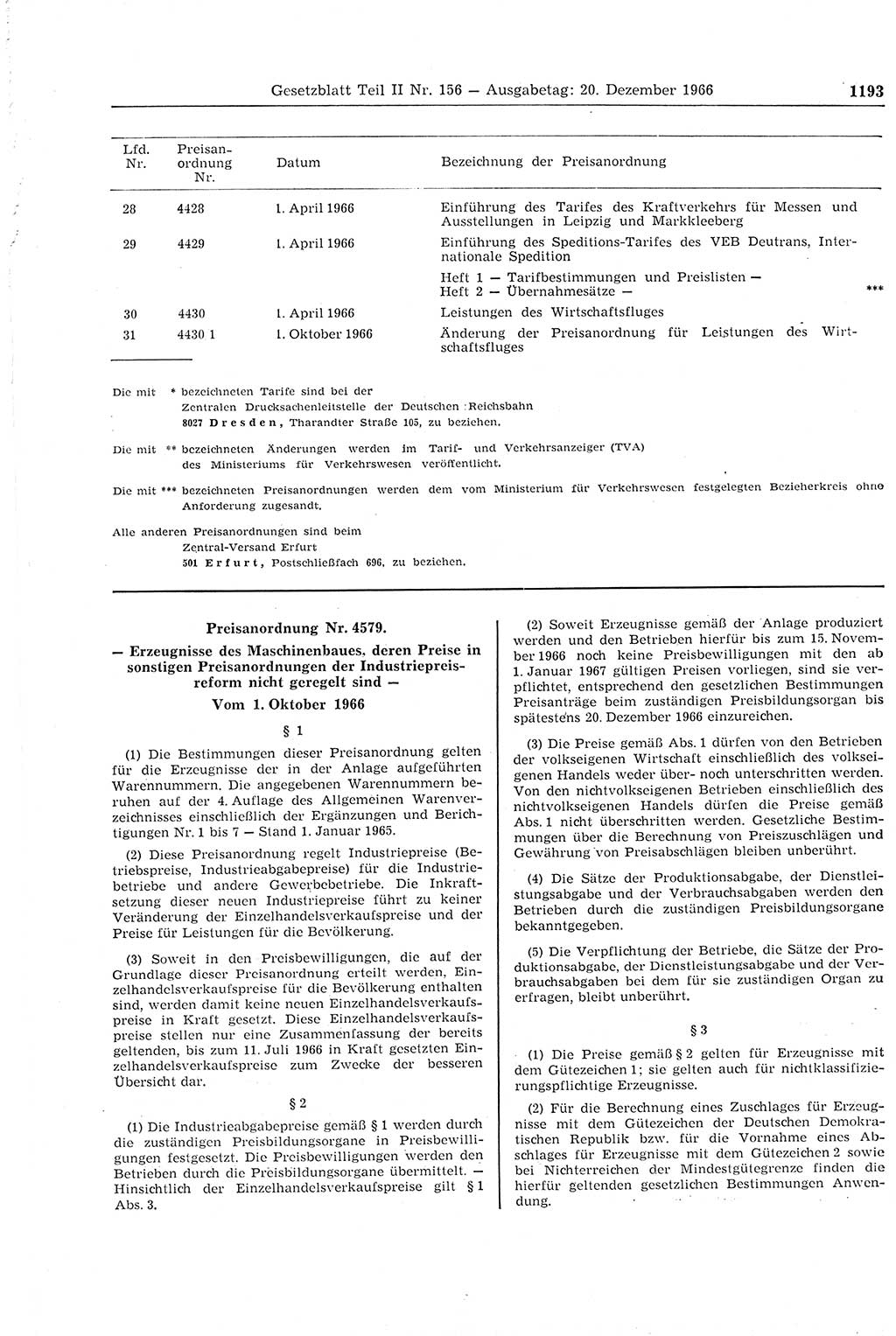 Gesetzblatt (GBl.) der Deutschen Demokratischen Republik (DDR) Teil ⅠⅠ 1966, Seite 1194 (GBl. DDR ⅠⅠ 1966, S. 1194)