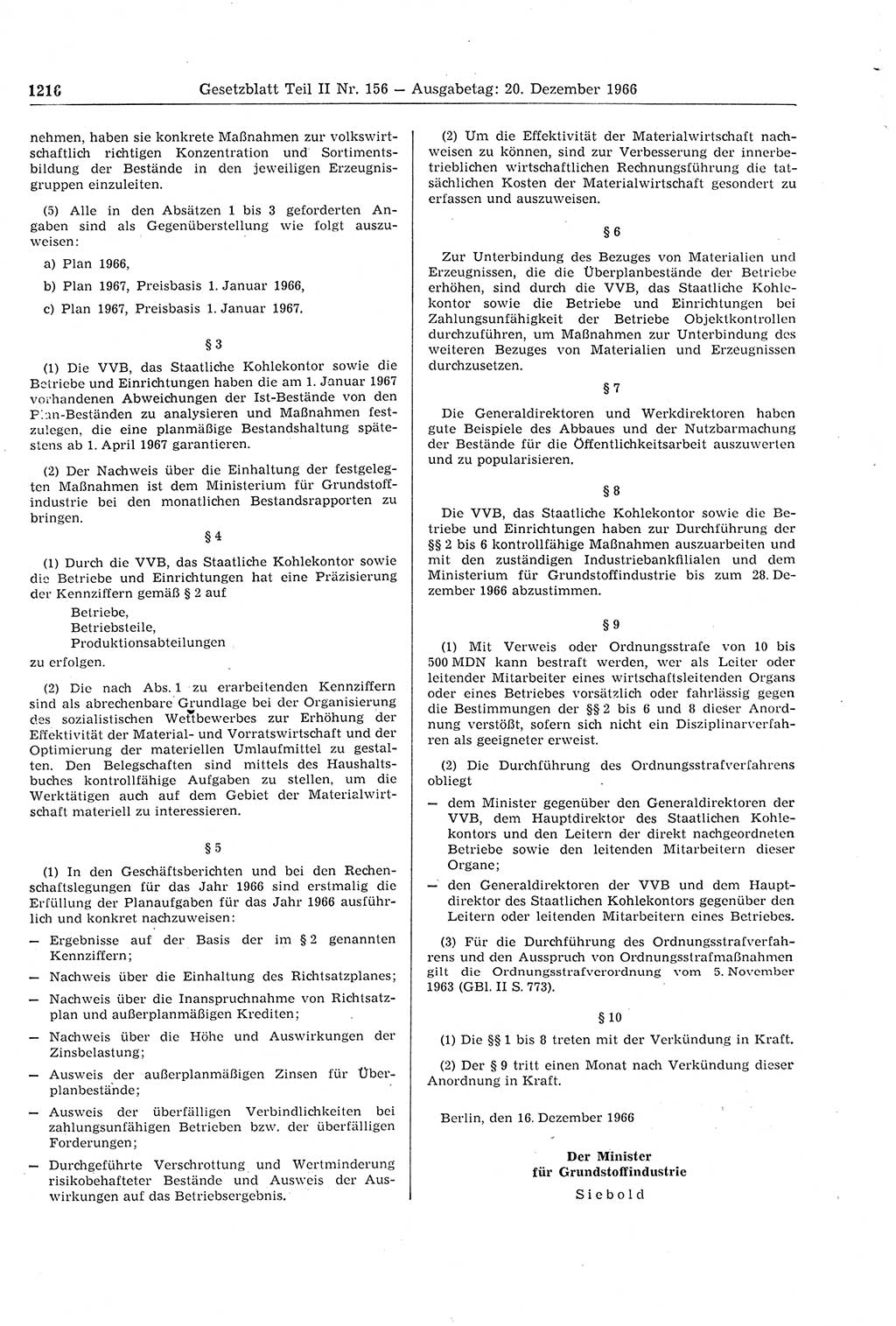 Gesetzblatt (GBl.) der Deutschen Demokratischen Republik (DDR) Teil ⅠⅠ 1966, Seite 1216 (GBl. DDR ⅠⅠ 1966, S. 1216)