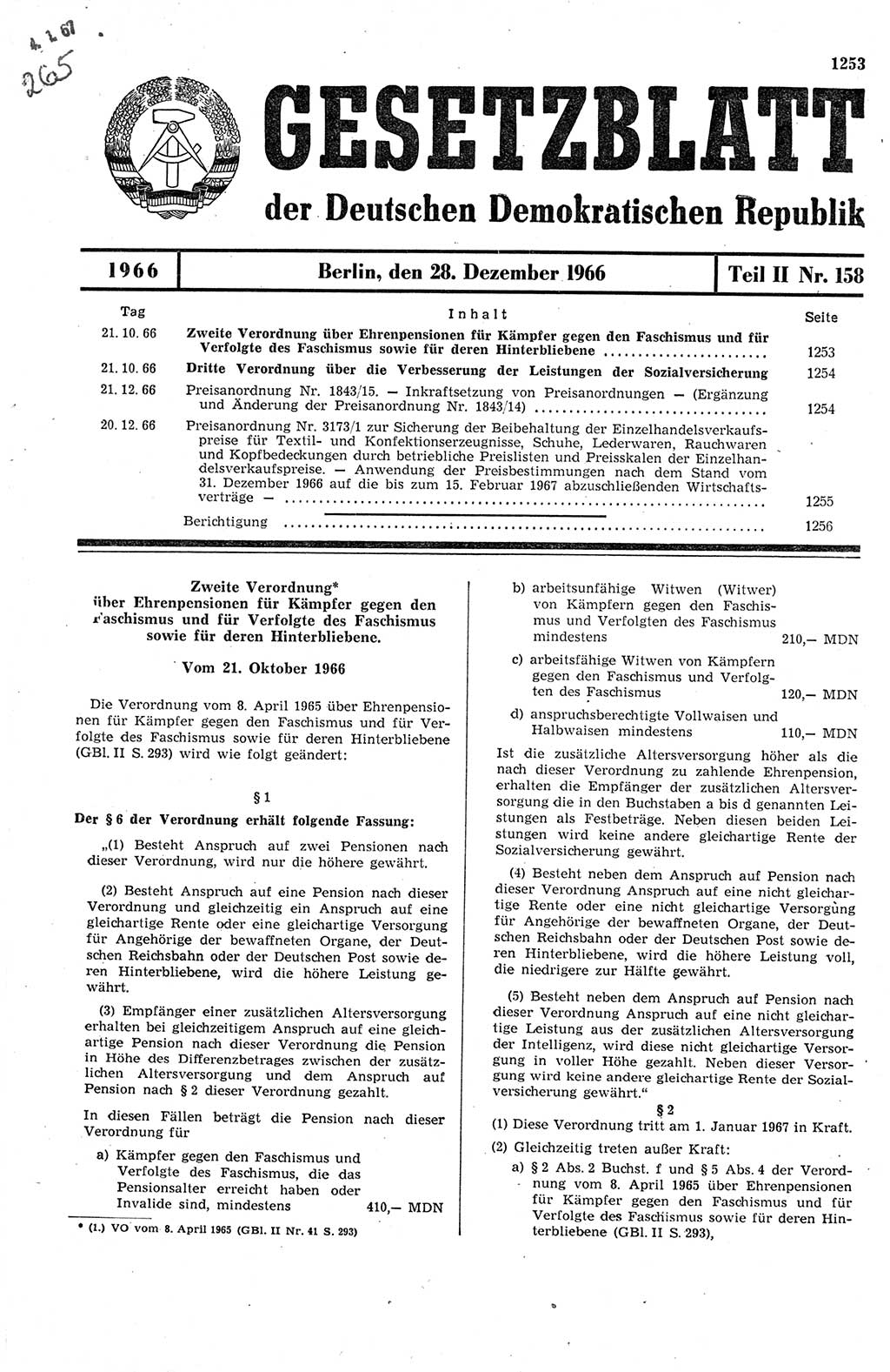 Gesetzblatt (GBl.) der Deutschen Demokratischen Republik (DDR) Teil ⅠⅠ 1966, Seite 1253 (GBl. DDR ⅠⅠ 1966, S. 1253)