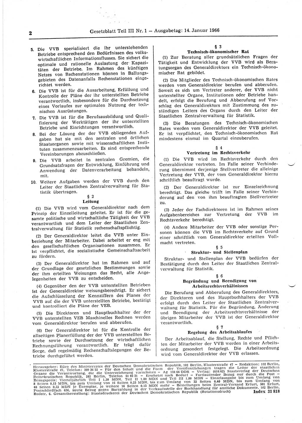 Gesetzblatt (GBl.) der Deutschen Demokratischen Republik (DDR) Teil ⅠⅠⅠ 1966, Seite 2 (GBl. DDR ⅠⅠⅠ 1966, S. 2)