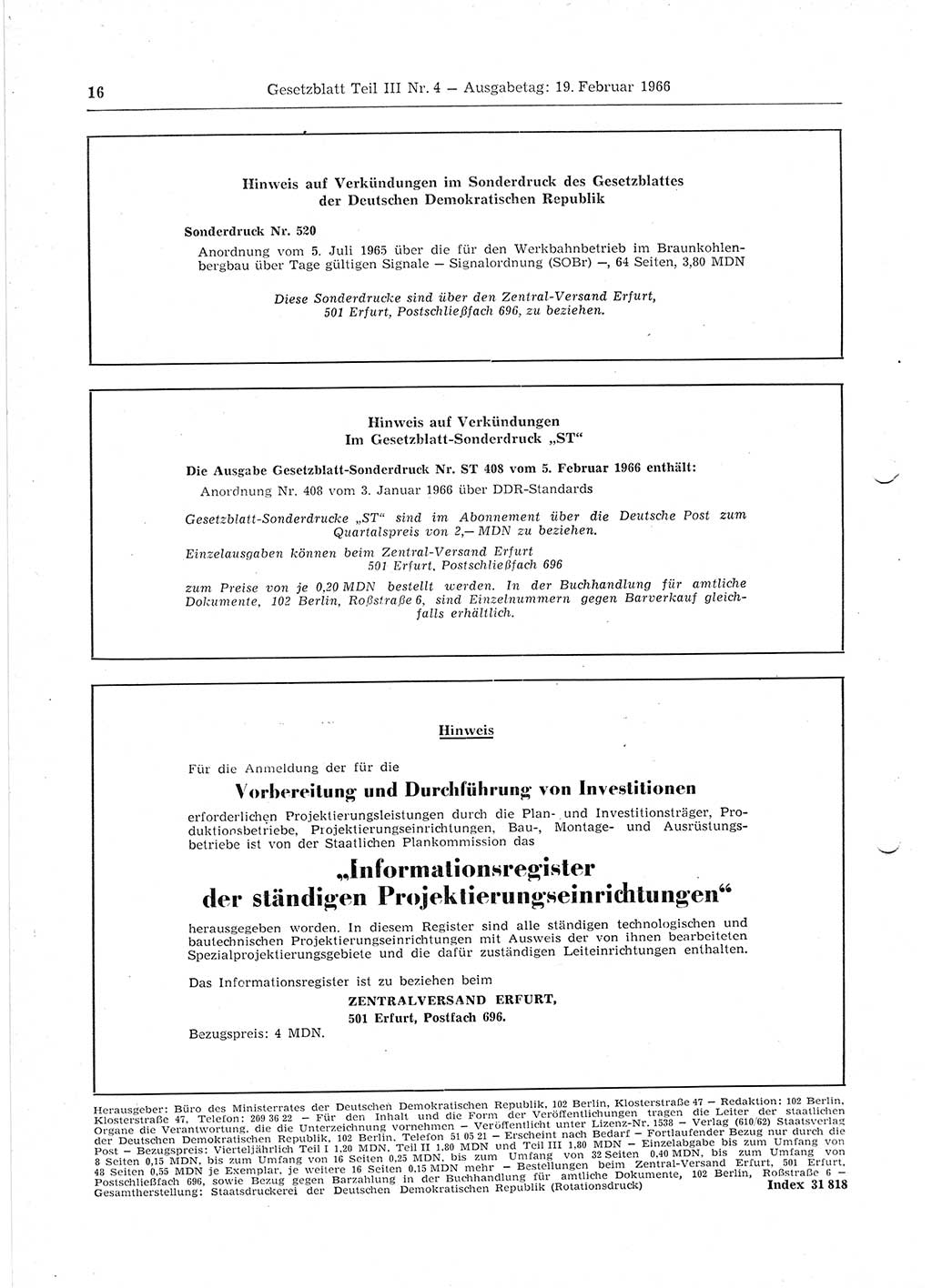 Gesetzblatt (GBl.) der Deutschen Demokratischen Republik (DDR) Teil ⅠⅠⅠ 1966, Seite 16 (GBl. DDR ⅠⅠⅠ 1966, S. 16)