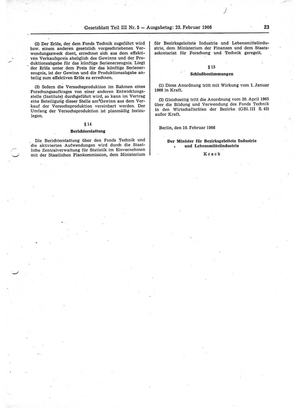 Gesetzblatt (GBl.) der Deutschen Demokratischen Republik (DDR) Teil ⅠⅠⅠ 1966, Seite 23 (GBl. DDR ⅠⅠⅠ 1966, S. 23)
