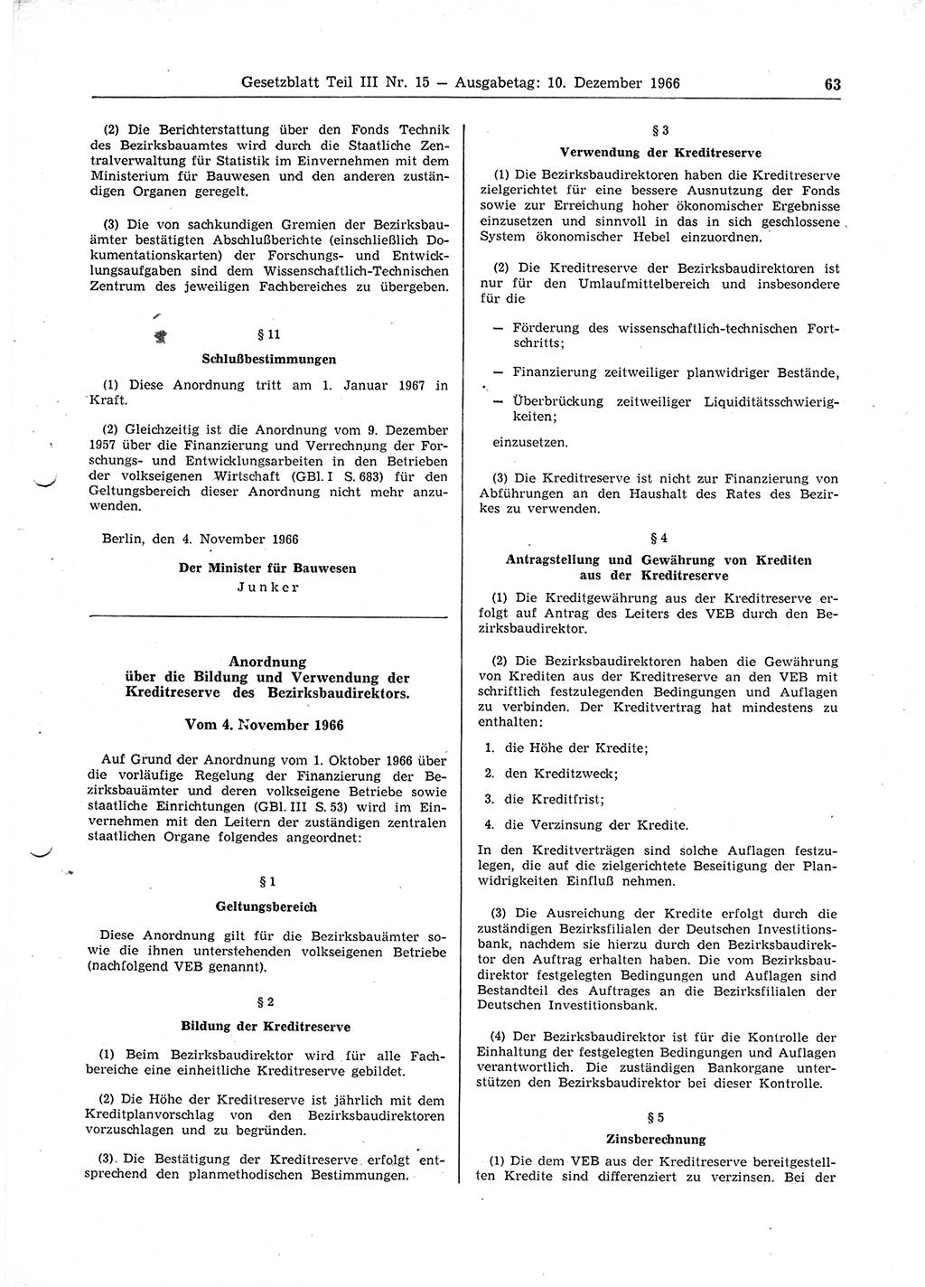 Gesetzblatt (GBl.) der Deutschen Demokratischen Republik (DDR) Teil ⅠⅠⅠ 1966, Seite 63 (GBl. DDR ⅠⅠⅠ 1966, S. 63)
