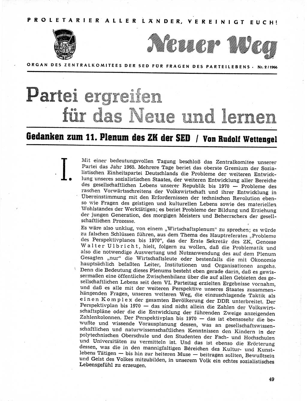 Neuer Weg (NW), Organ des Zentralkomitees (ZK) der SED (Sozialistische Einheitspartei Deutschlands) für Fragen des Parteilebens, 21. Jahrgang [Deutsche Demokratische Republik (DDR)] 1966, Seite 49 (NW ZK SED DDR 1966, S. 49)