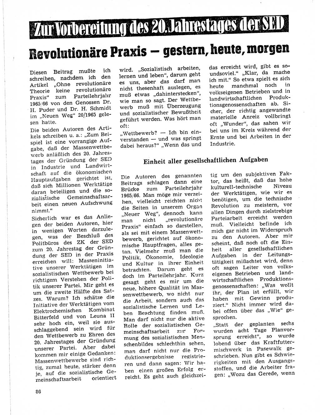 Neuer Weg (NW), Organ des Zentralkomitees (ZK) der SED (Sozialistische Einheitspartei Deutschlands) für Fragen des Parteilebens, 21. Jahrgang [Deutsche Demokratische Republik (DDR)] 1966, Seite 86 (NW ZK SED DDR 1966, S. 86)