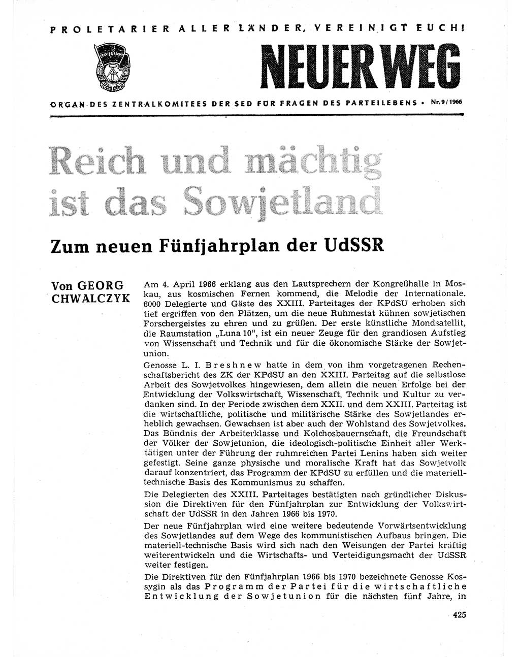 Neuer Weg (NW), Organ des Zentralkomitees (ZK) der SED (Sozialistische Einheitspartei Deutschlands) für Fragen des Parteilebens, 21. Jahrgang [Deutsche Demokratische Republik (DDR)] 1966, Seite 425 (NW ZK SED DDR 1966, S. 425)