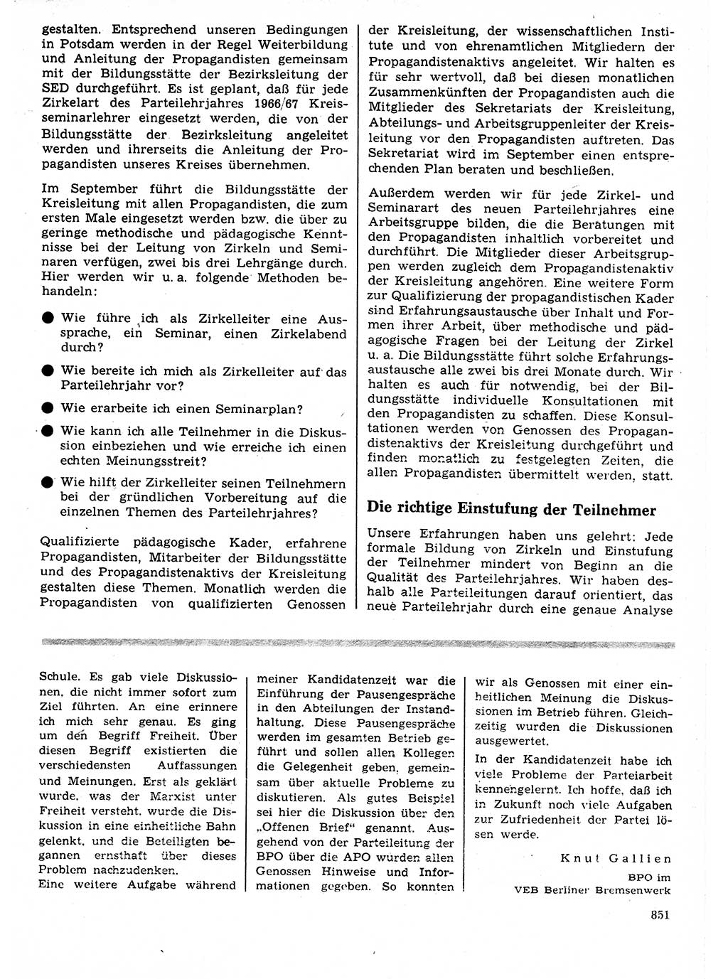 Neuer Weg (NW), Organ des Zentralkomitees (ZK) der SED (Sozialistische Einheitspartei Deutschlands) für Fragen des Parteilebens, 21. Jahrgang [Deutsche Demokratische Republik (DDR)] 1966, Seite 851 (NW ZK SED DDR 1966, S. 851)
