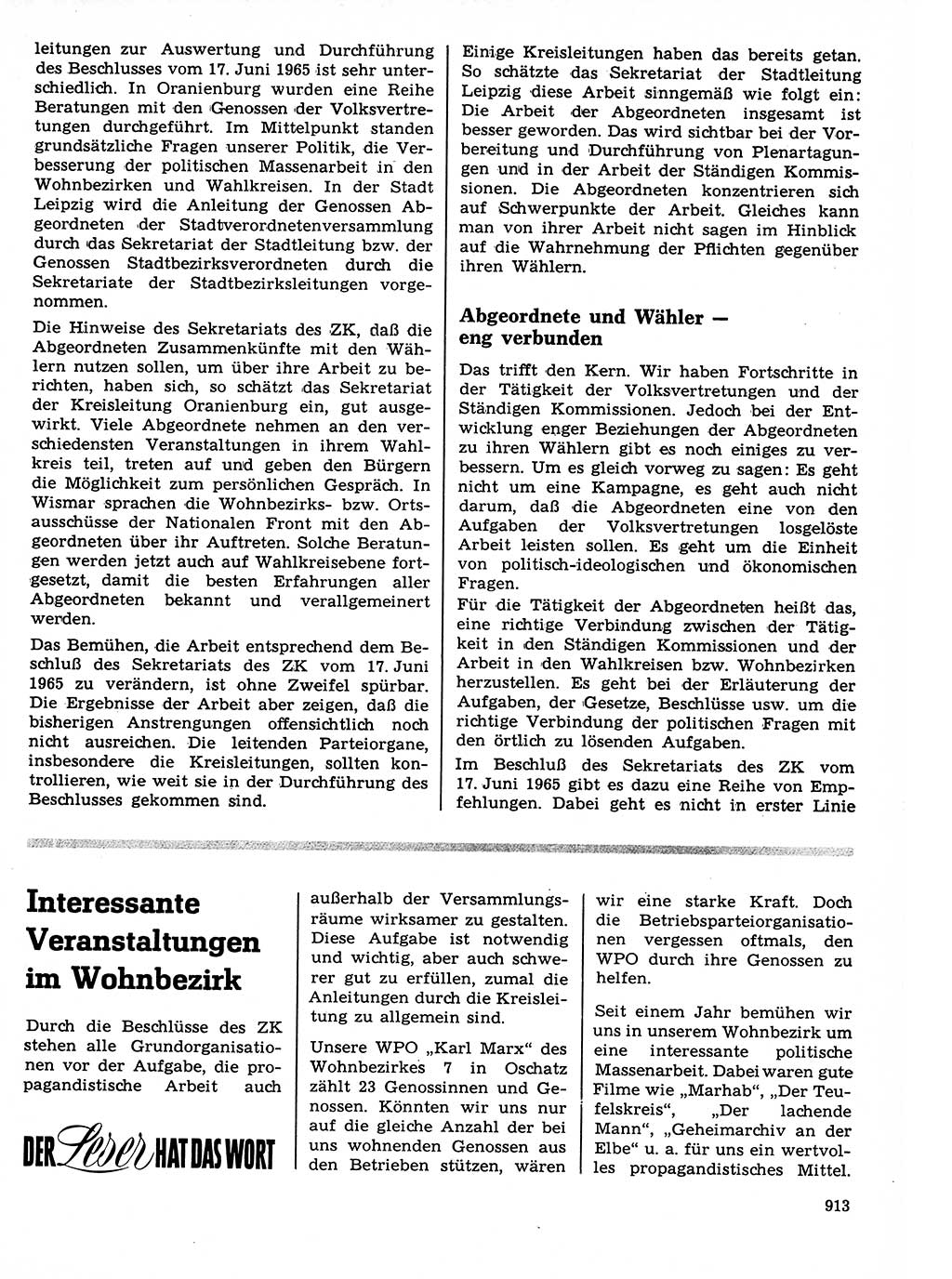 Neuer Weg (NW), Organ des Zentralkomitees (ZK) der SED (Sozialistische Einheitspartei Deutschlands) fÃ¼r Fragen des Parteilebens, 21. Jahrgang [Deutsche Demokratische Republik (DDR)] 1966, Seite 913 (NW ZK SED DDR 1966, S. 913)