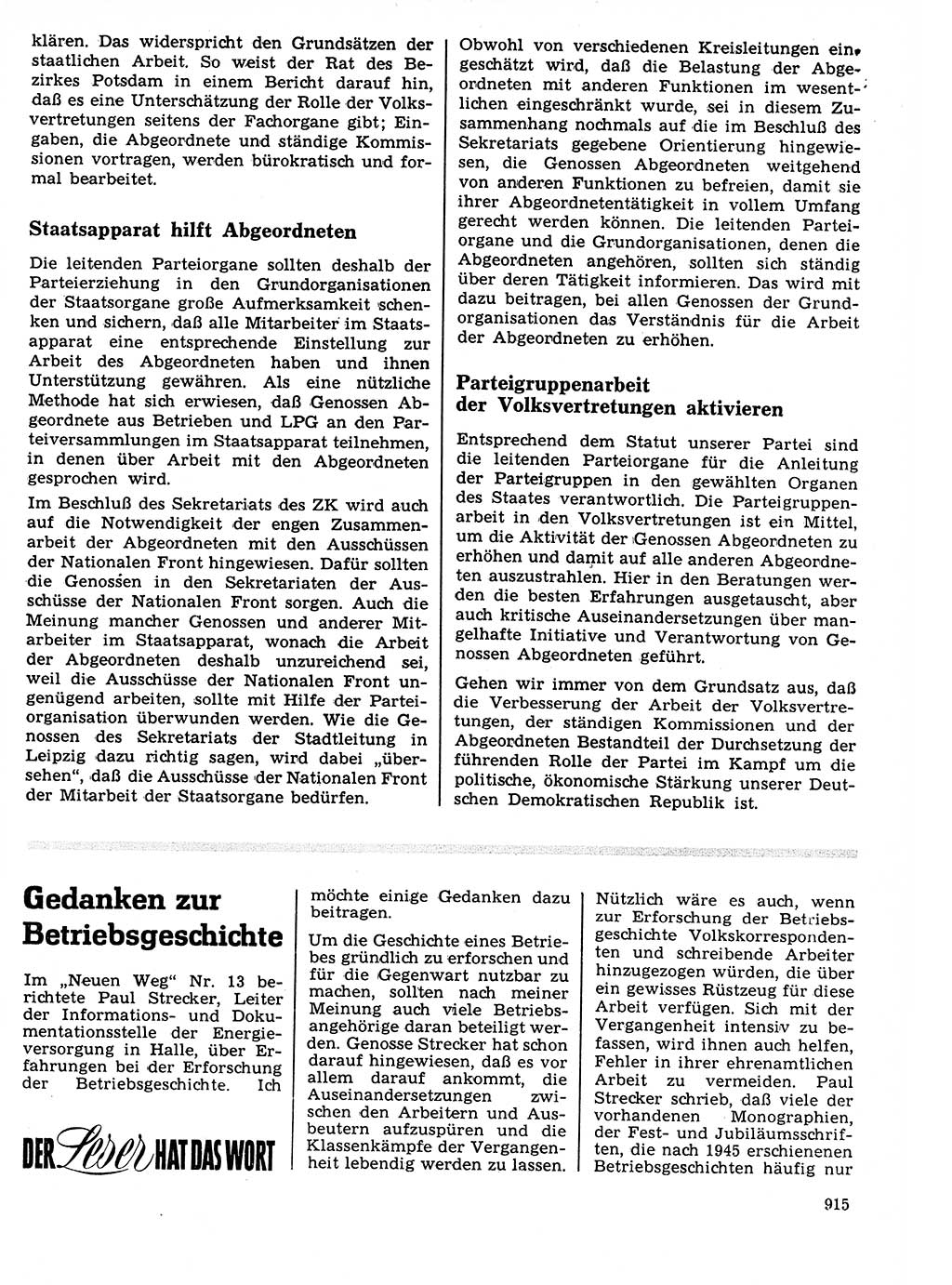 Neuer Weg (NW), Organ des Zentralkomitees (ZK) der SED (Sozialistische Einheitspartei Deutschlands) für Fragen des Parteilebens, 21. Jahrgang [Deutsche Demokratische Republik (DDR)] 1966, Seite 915 (NW ZK SED DDR 1966, S. 915)