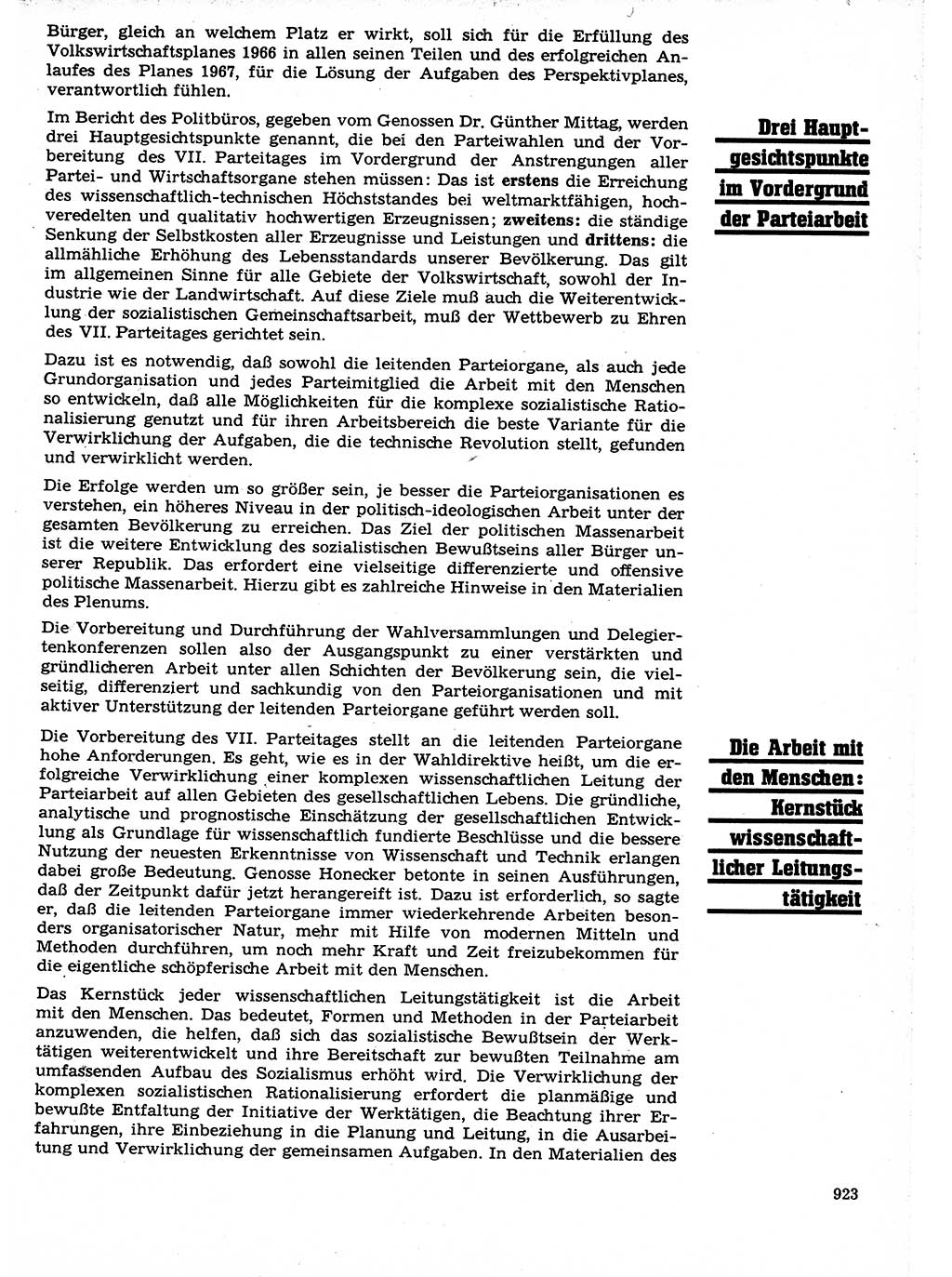 Neuer Weg (NW), Organ des Zentralkomitees (ZK) der SED (Sozialistische Einheitspartei Deutschlands) für Fragen des Parteilebens, 21. Jahrgang [Deutsche Demokratische Republik (DDR)] 1966, Seite 923 (NW ZK SED DDR 1966, S. 923)