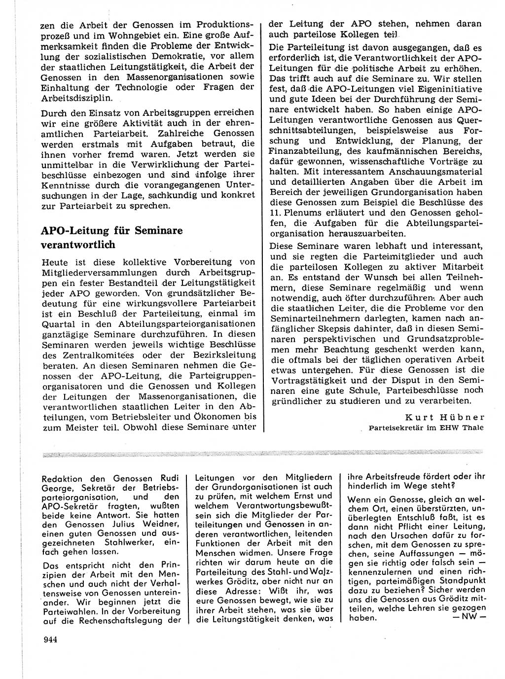 Neuer Weg (NW), Organ des Zentralkomitees (ZK) der SED (Sozialistische Einheitspartei Deutschlands) für Fragen des Parteilebens, 21. Jahrgang [Deutsche Demokratische Republik (DDR)] 1966, Seite 944 (NW ZK SED DDR 1966, S. 944)