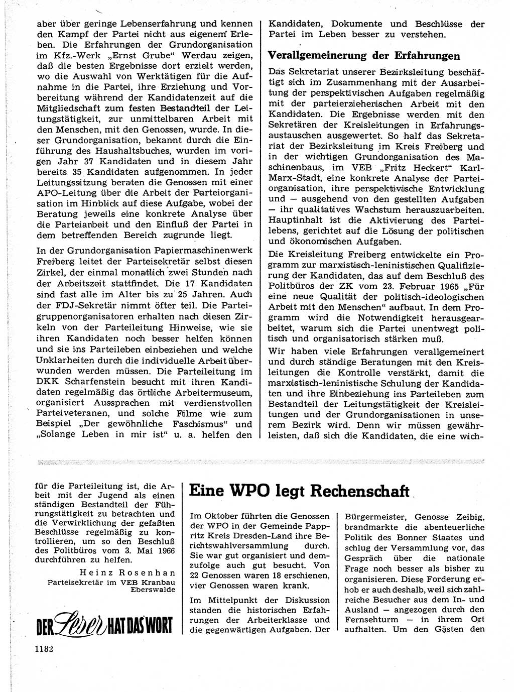Neuer Weg (NW), Organ des Zentralkomitees (ZK) der SED (Sozialistische Einheitspartei Deutschlands) für Fragen des Parteilebens, 21. Jahrgang [Deutsche Demokratische Republik (DDR)] 1966, Seite 1182 (NW ZK SED DDR 1966, S. 1182)
