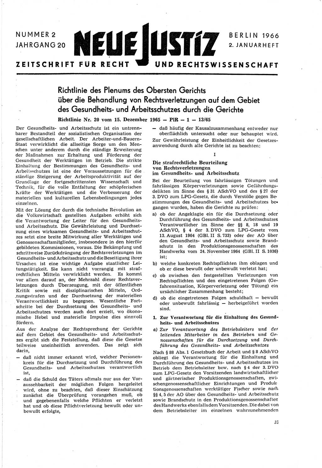 Neue Justiz (NJ), Zeitschrift für Recht und Rechtswissenschaft [Deutsche Demokratische Republik (DDR)], 20. Jahrgang 1966, Seite 33 (NJ DDR 1966, S. 33)